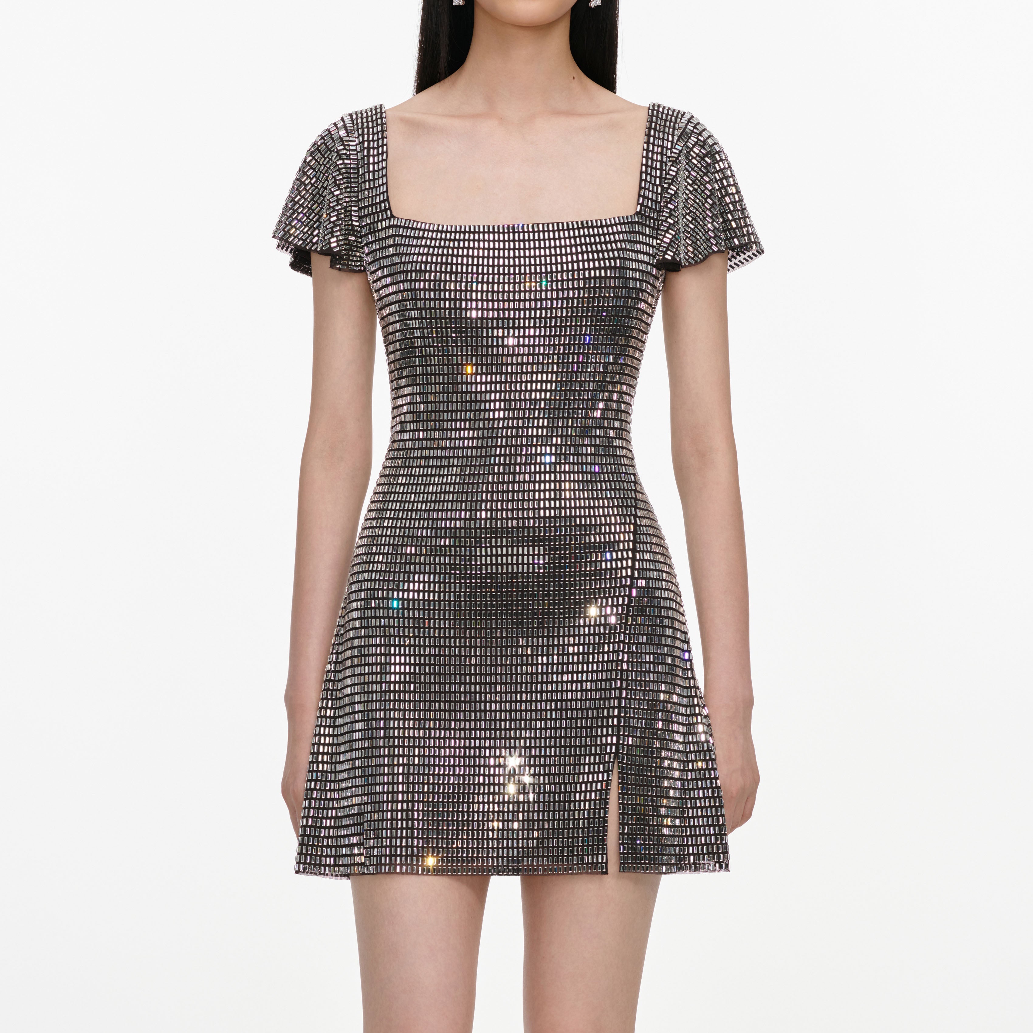 Grey Rhinestone Mesh Mini Dress