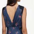 Navy Satin Printed Lace Midi Dress
