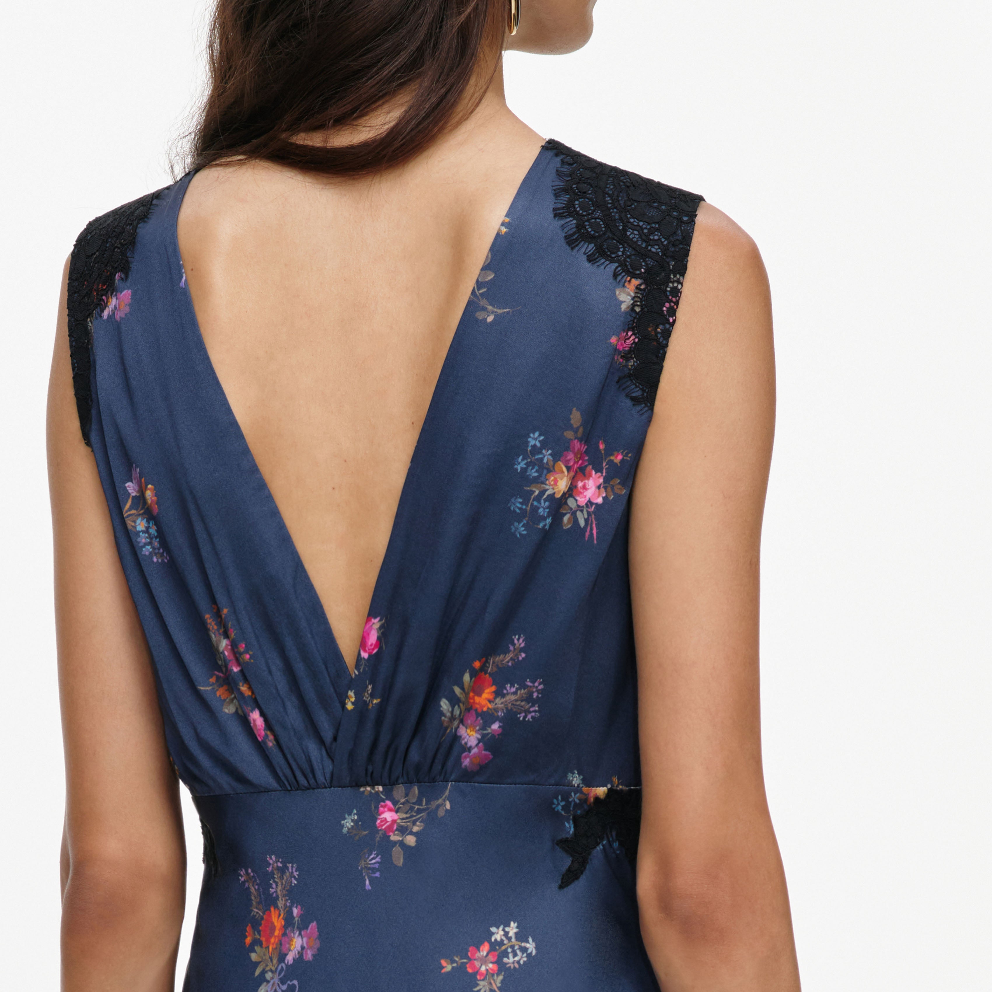 Navy Satin Printed Lace Midi Dress