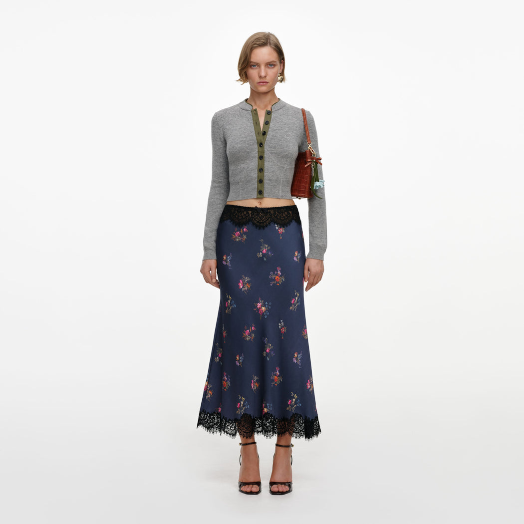 Navy Satin Printed Lace Midi Skirt