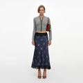 Navy Satin Printed Lace Midi Skirt
