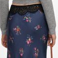 Navy Satin Printed Lace Midi Skirt
