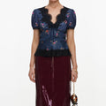 Navy Satin Printed Lace Top