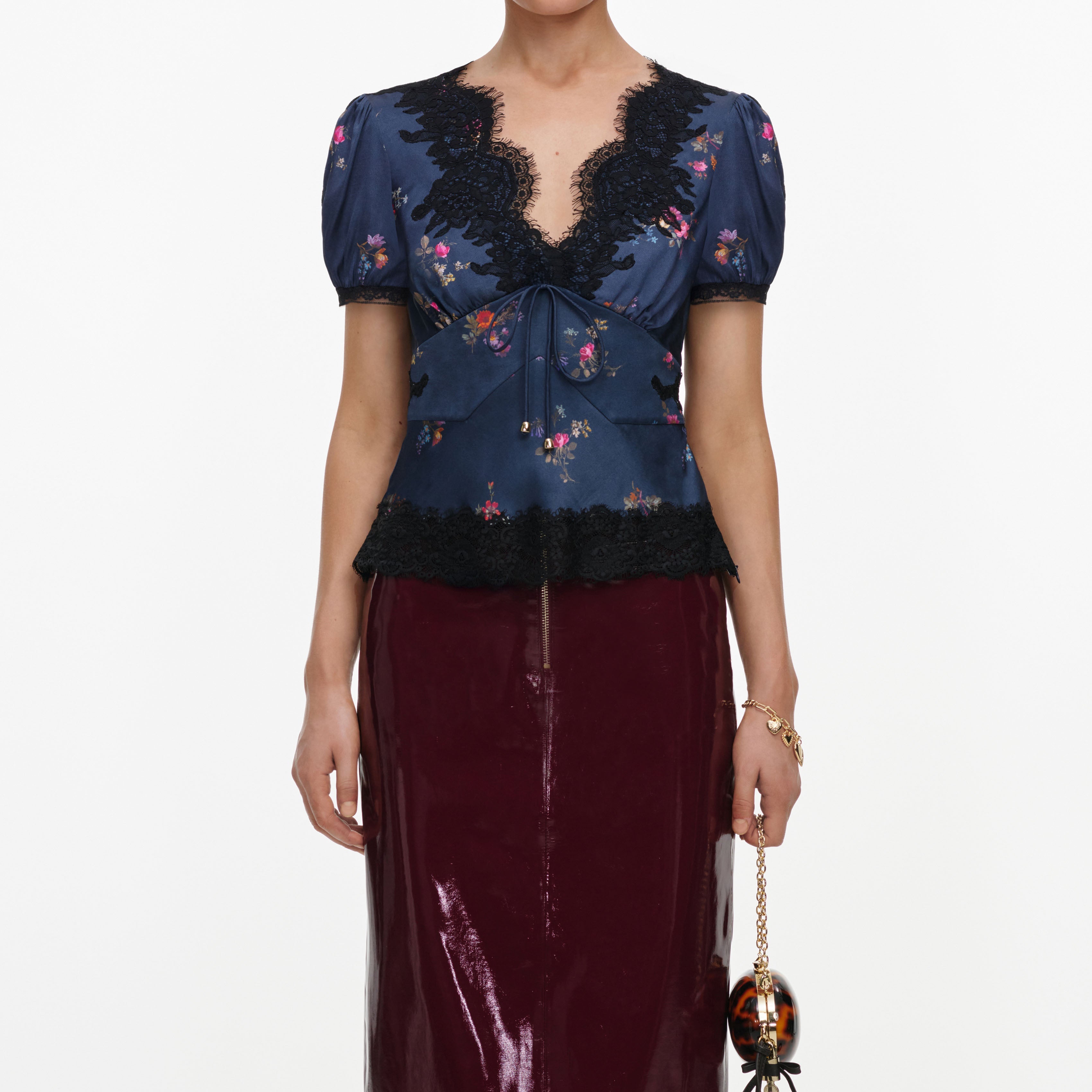 Navy Satin Printed Lace Top