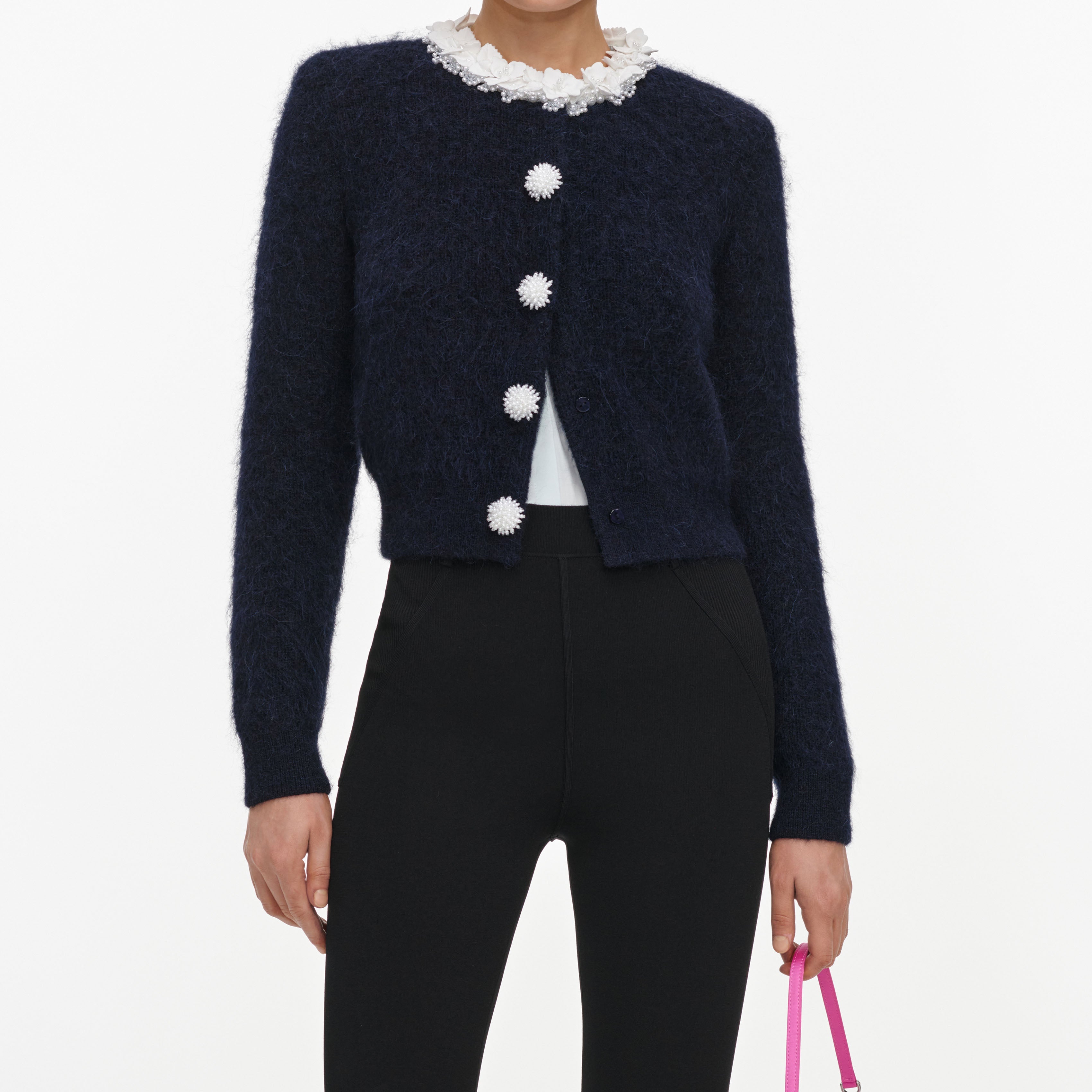 Navy Flower Pearl Trim Knit Jumper