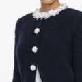 Navy Flower Pearl Trim Knit Jumper
