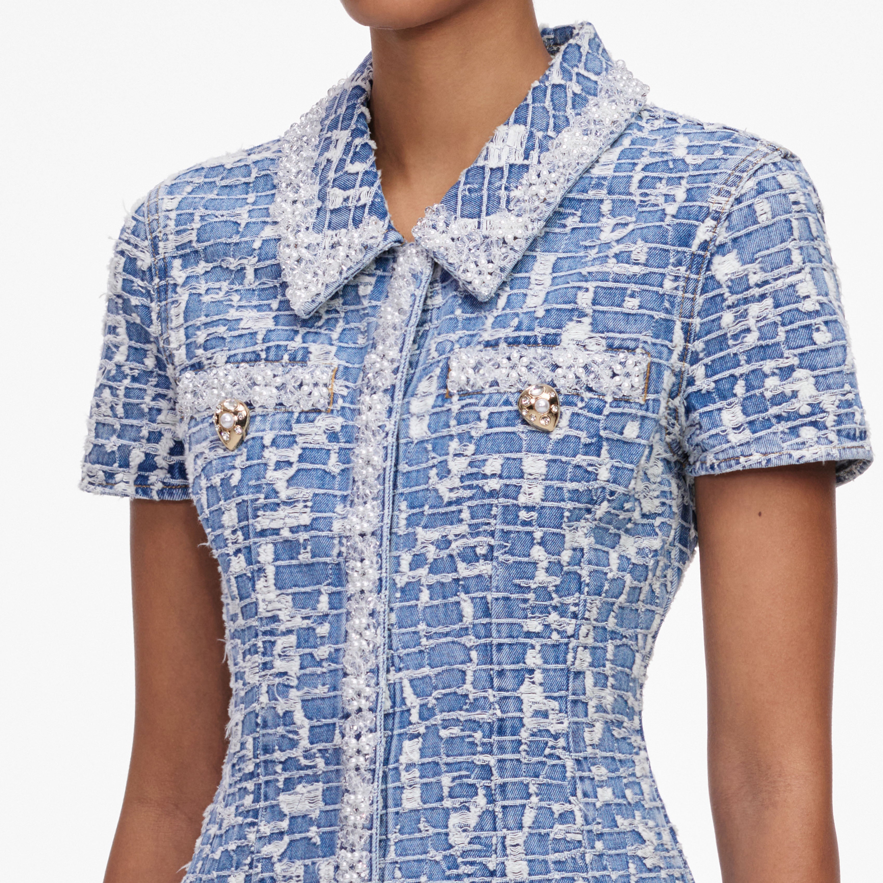 Blue Collared Textured Denim Mini Dress
