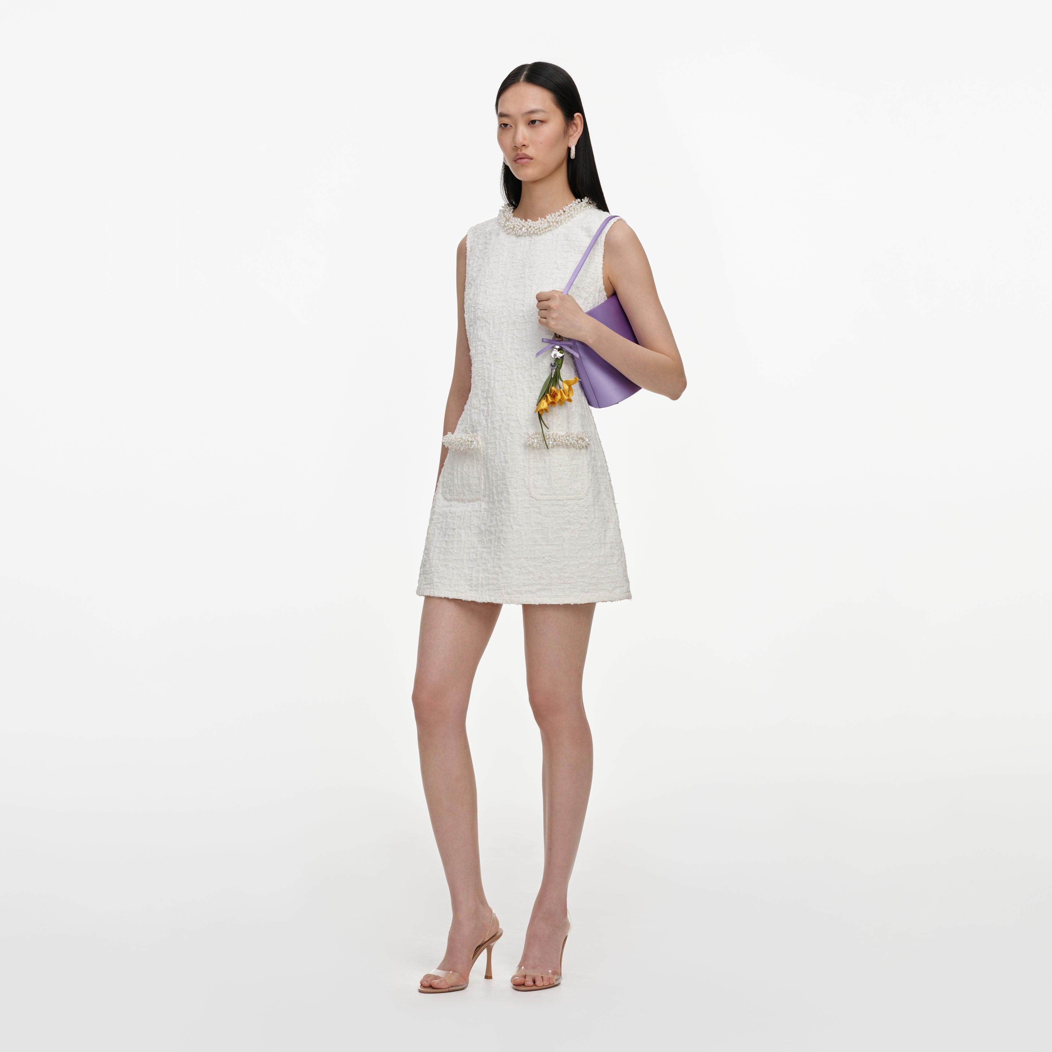 Cream Textured Denim Mini Dress