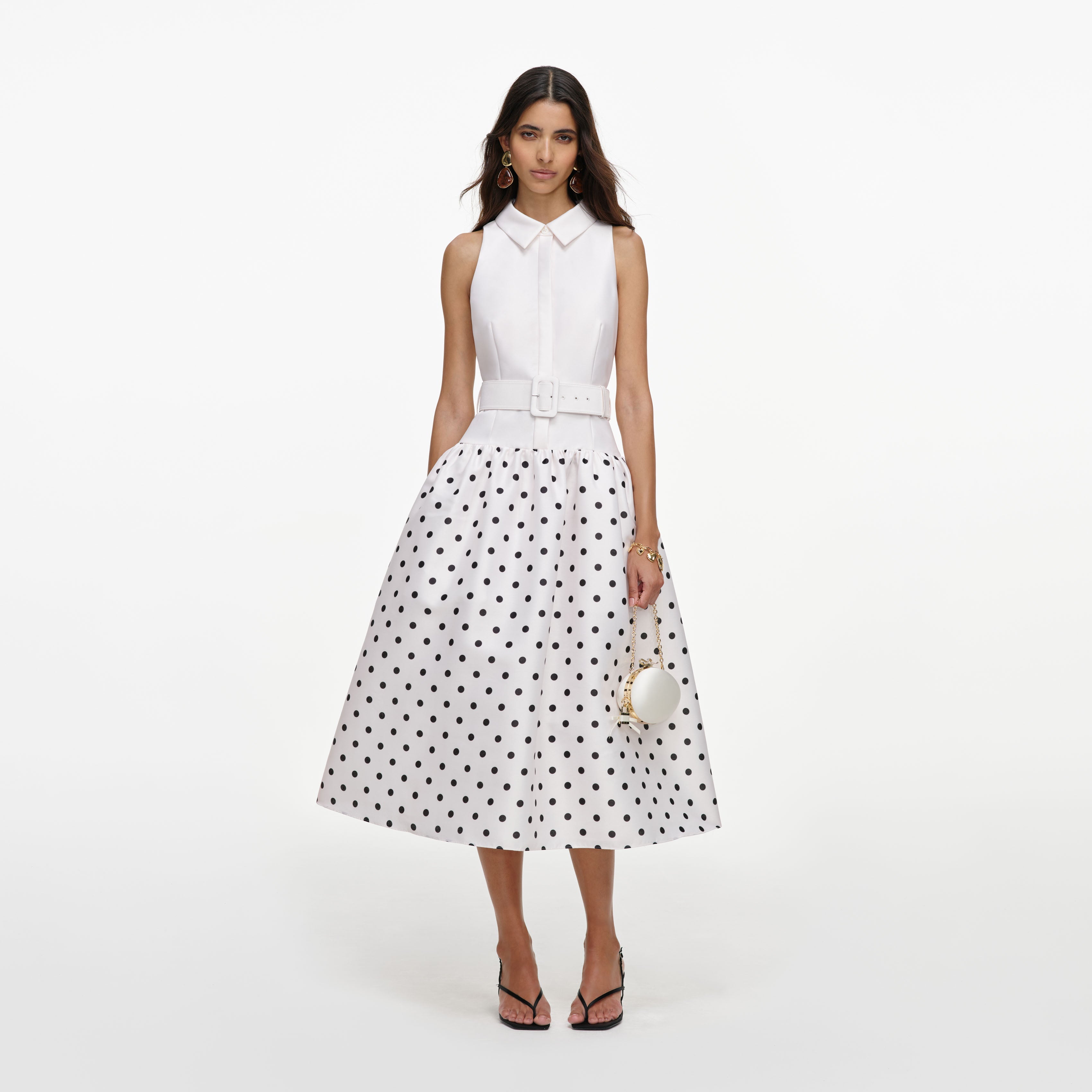 Off White Sleeveless Polka Dot Midi Dress