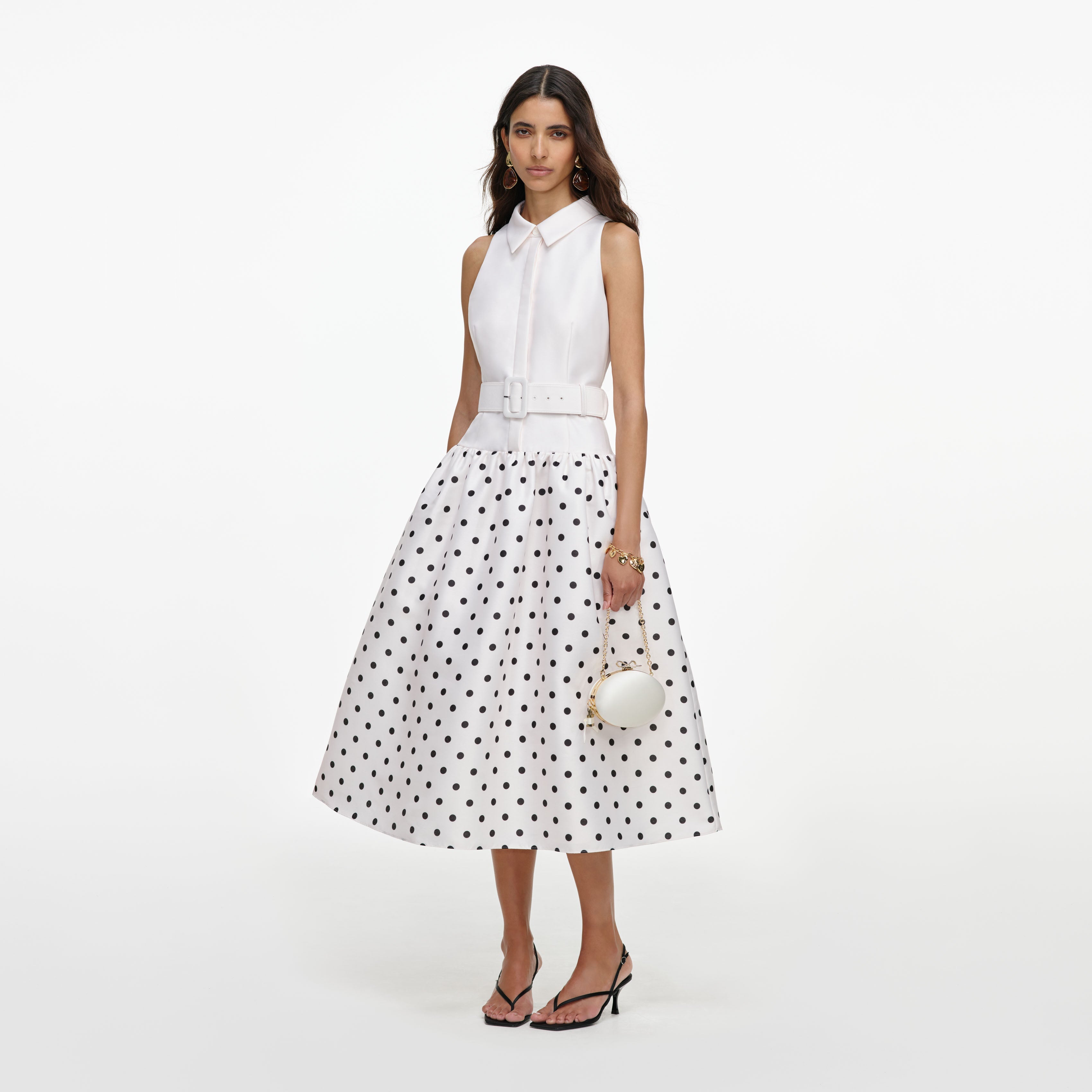 Off White Sleeveless Polka Dot Midi Dress