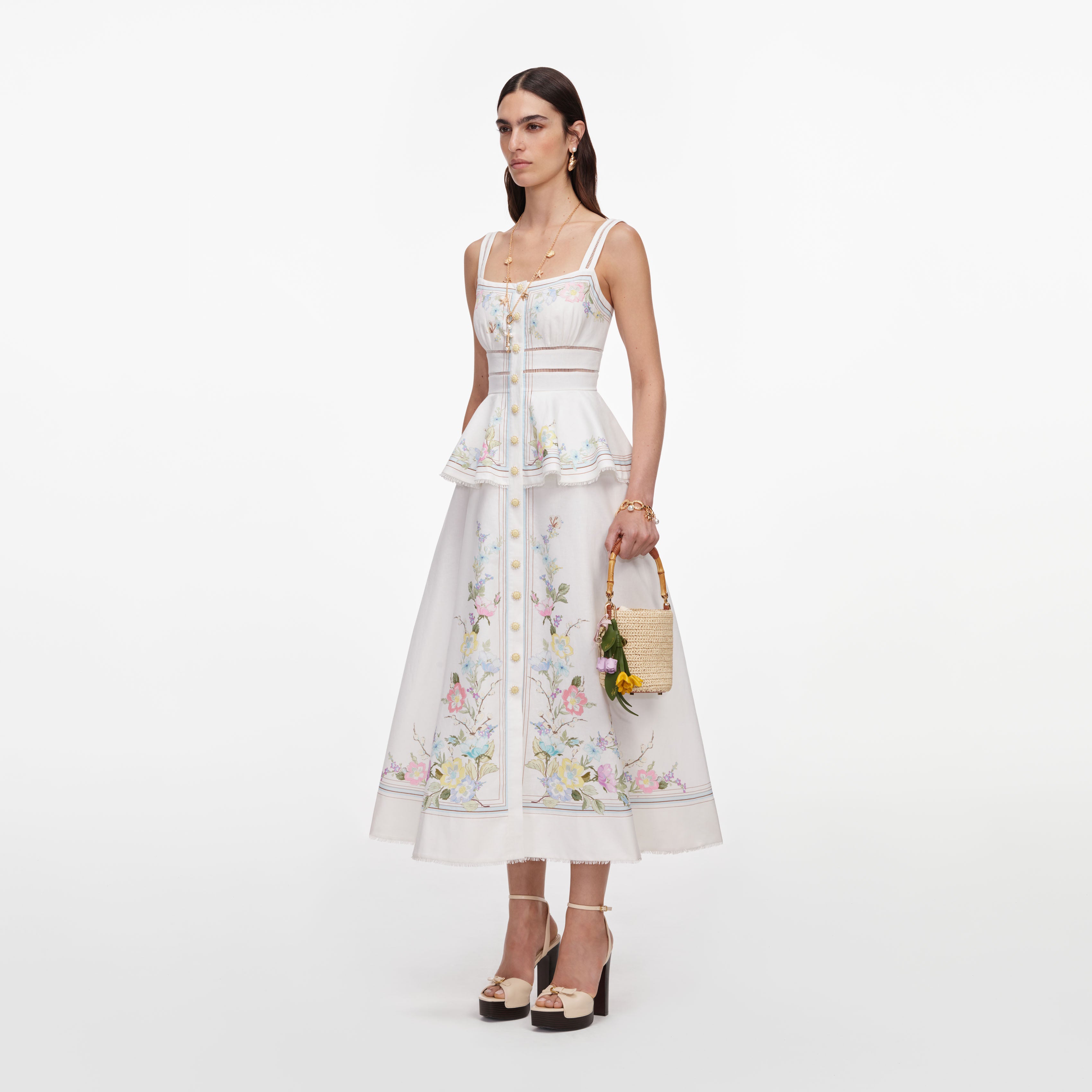 White Floral Linen Blend Peplum Midi Dress