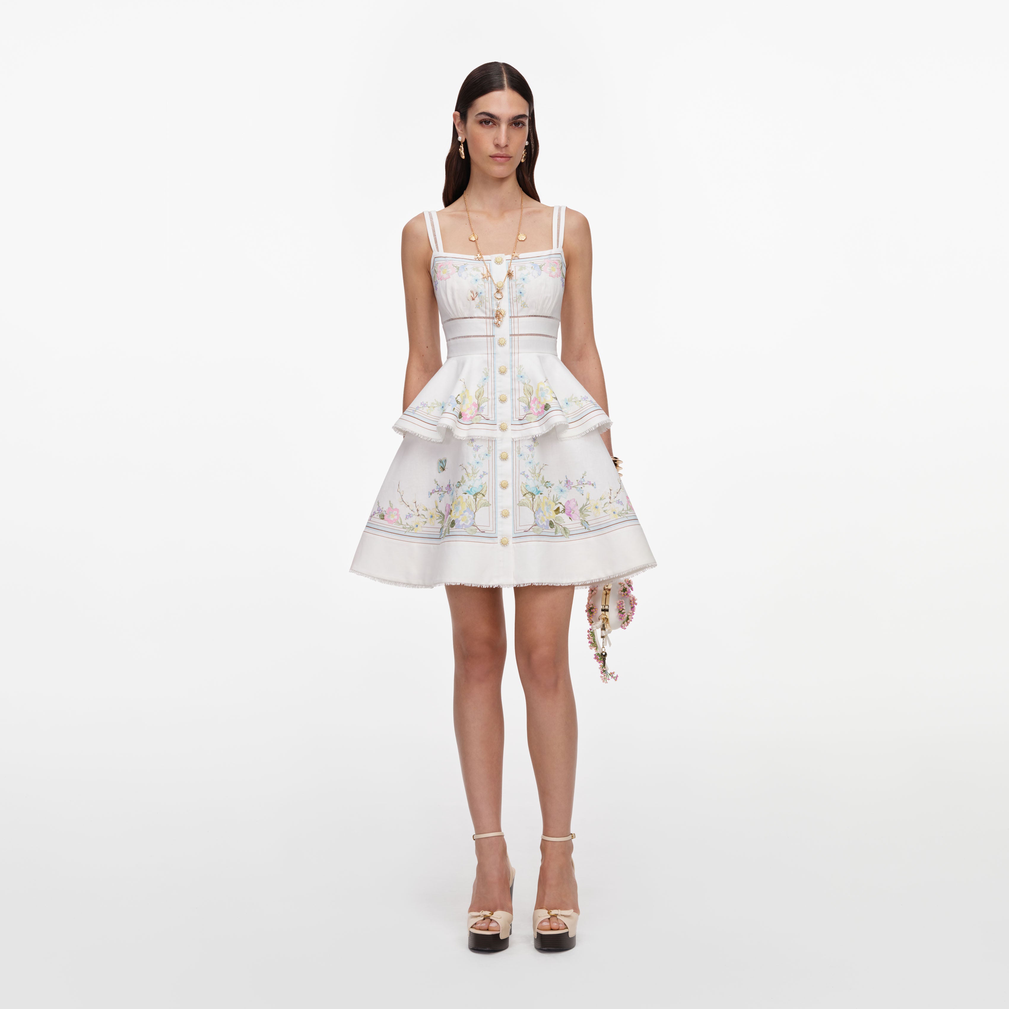 White Floral Linen Blend Peplum Mini Dress – self-portrait-US