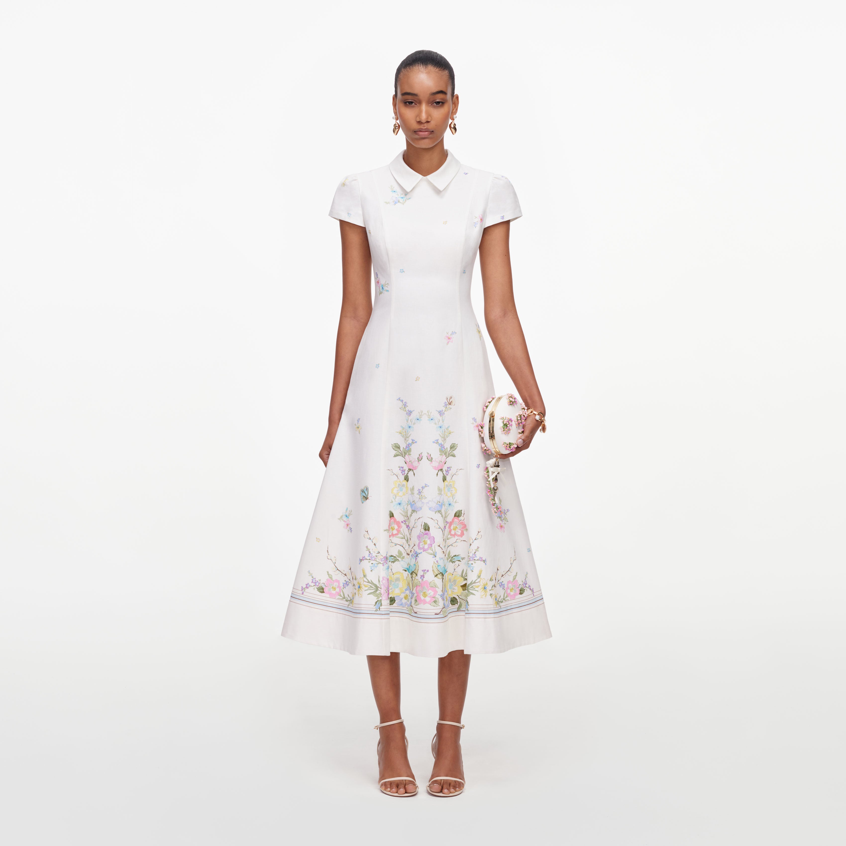 White Floral Linen Blend Midi Dress self-portrait-US White Floral Linen Blend Midi Dress self-portrait-US