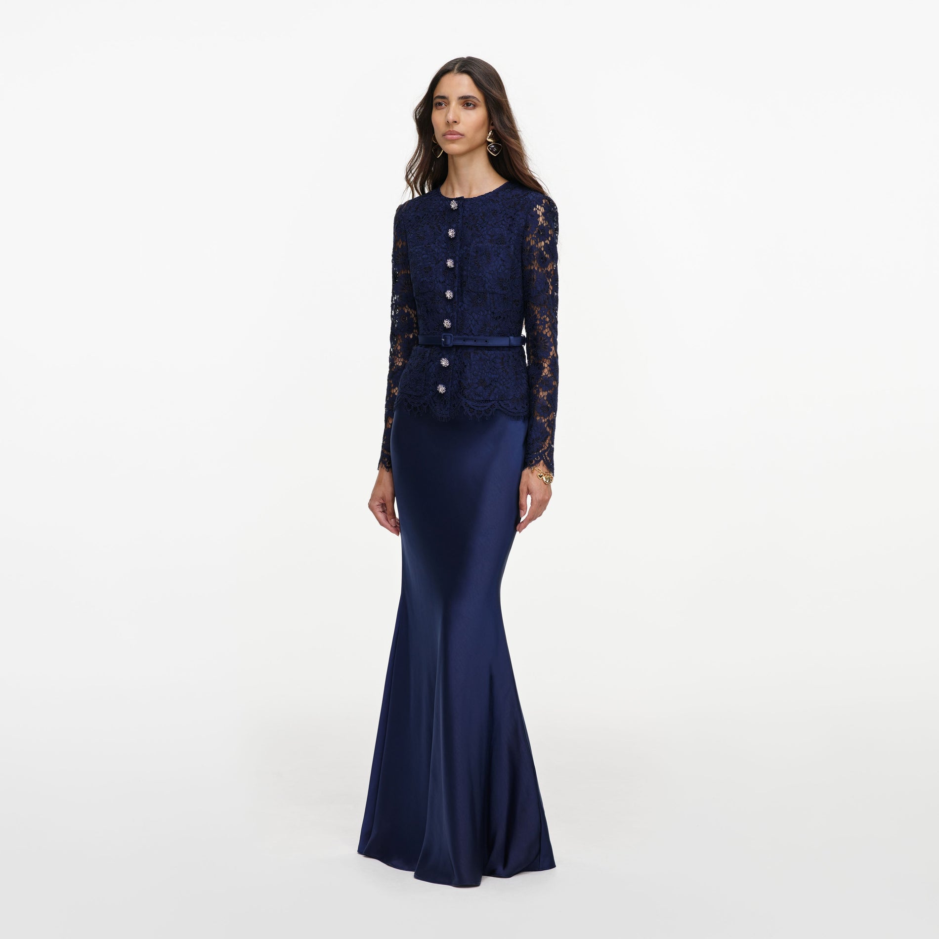 Navy Tailored Lace Satin Maxi Dress
