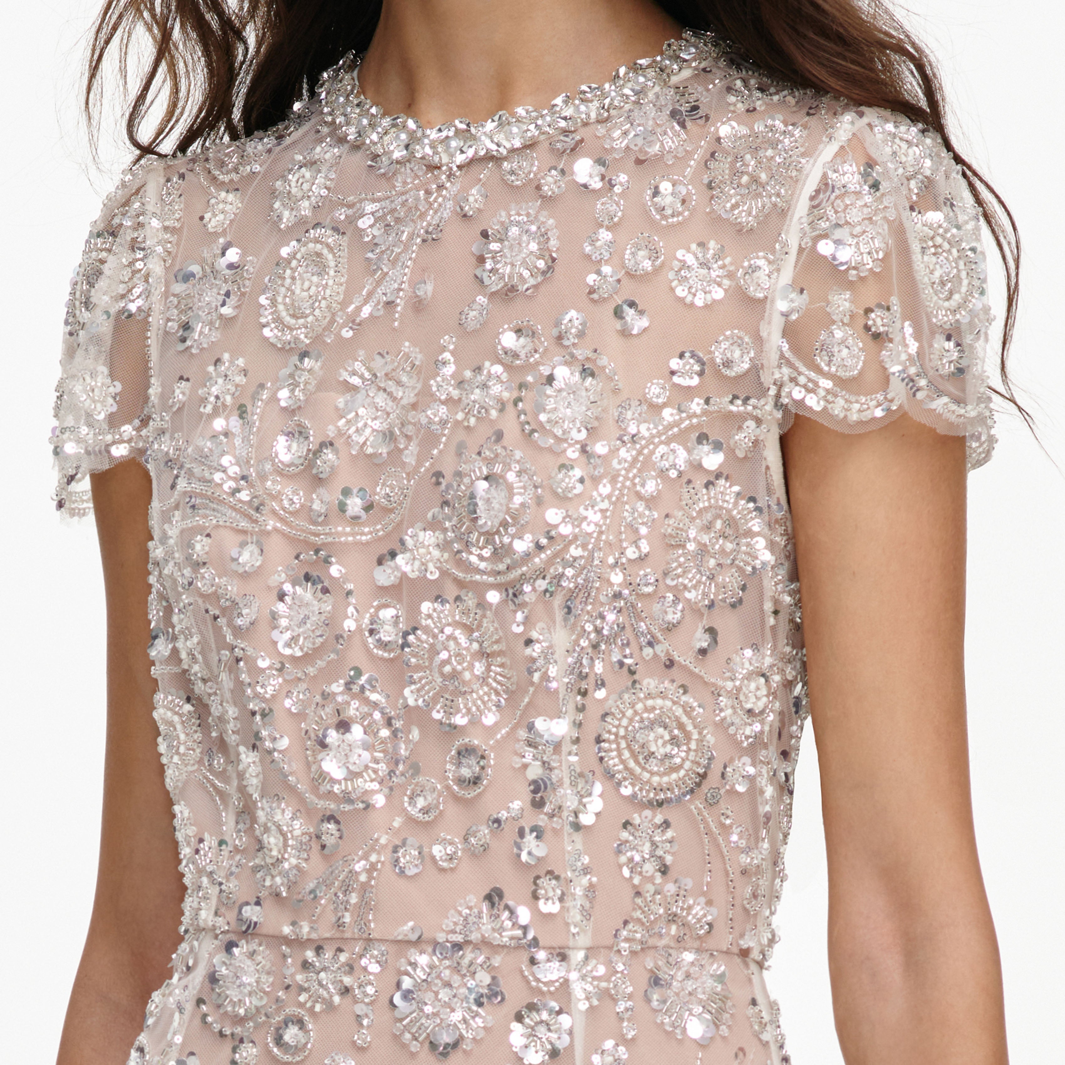 Cream Sequin Embellished Midi Dress