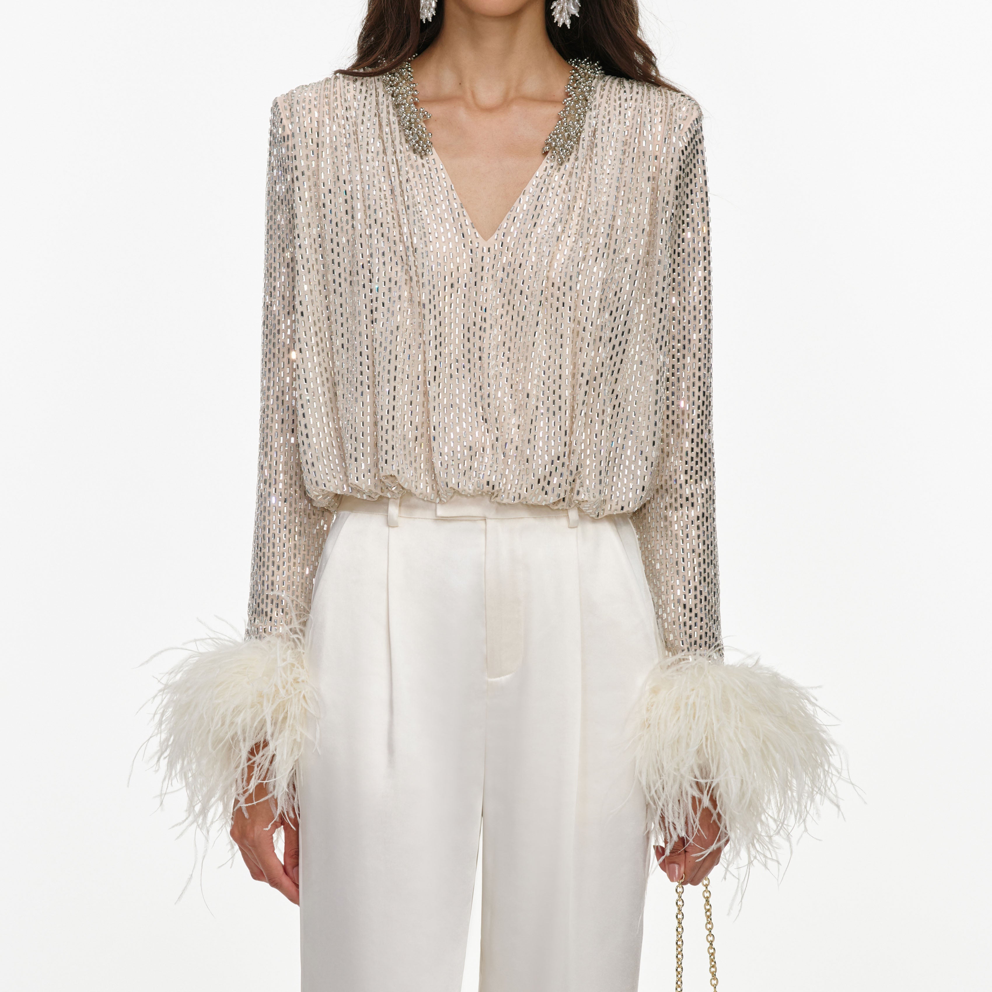 Champagne Rhinestone Embellished Feather Top