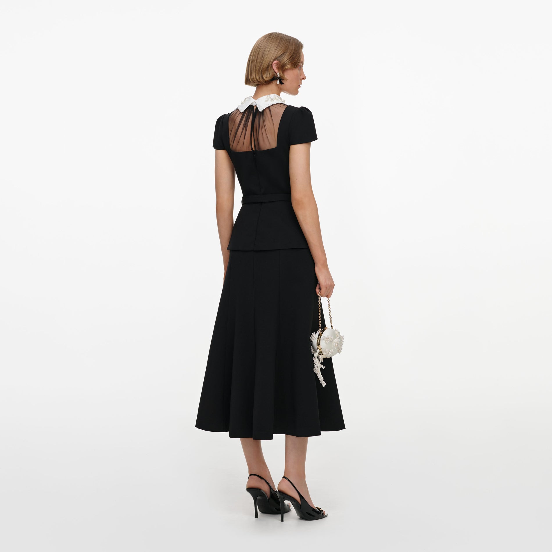 Black Crepe Bow Peplum Midi Dress