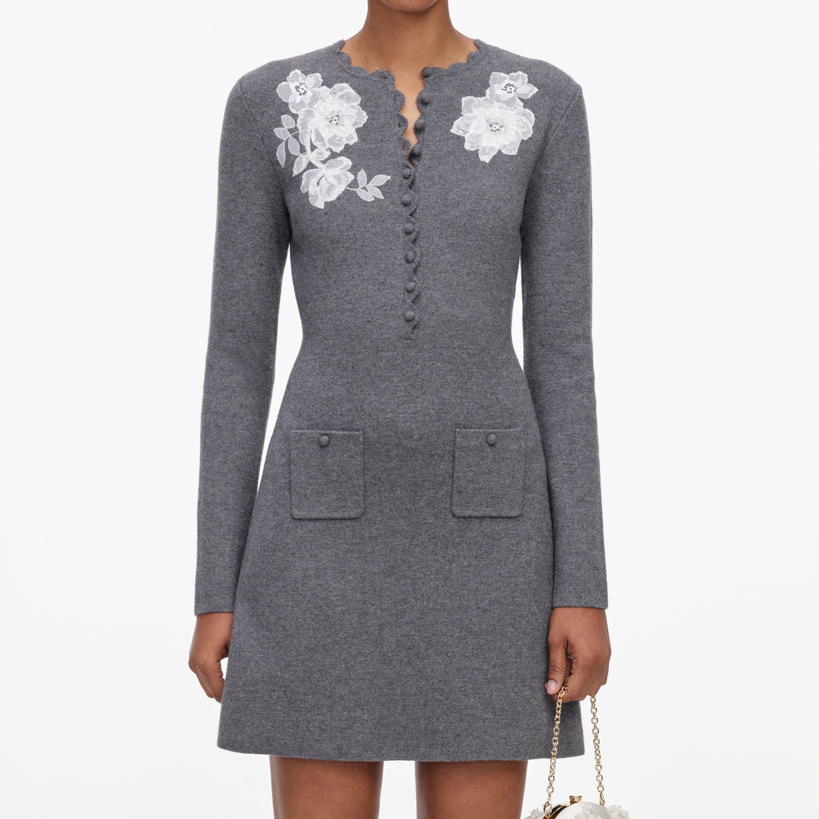 Grey Lace Flower Knit Mini Dress