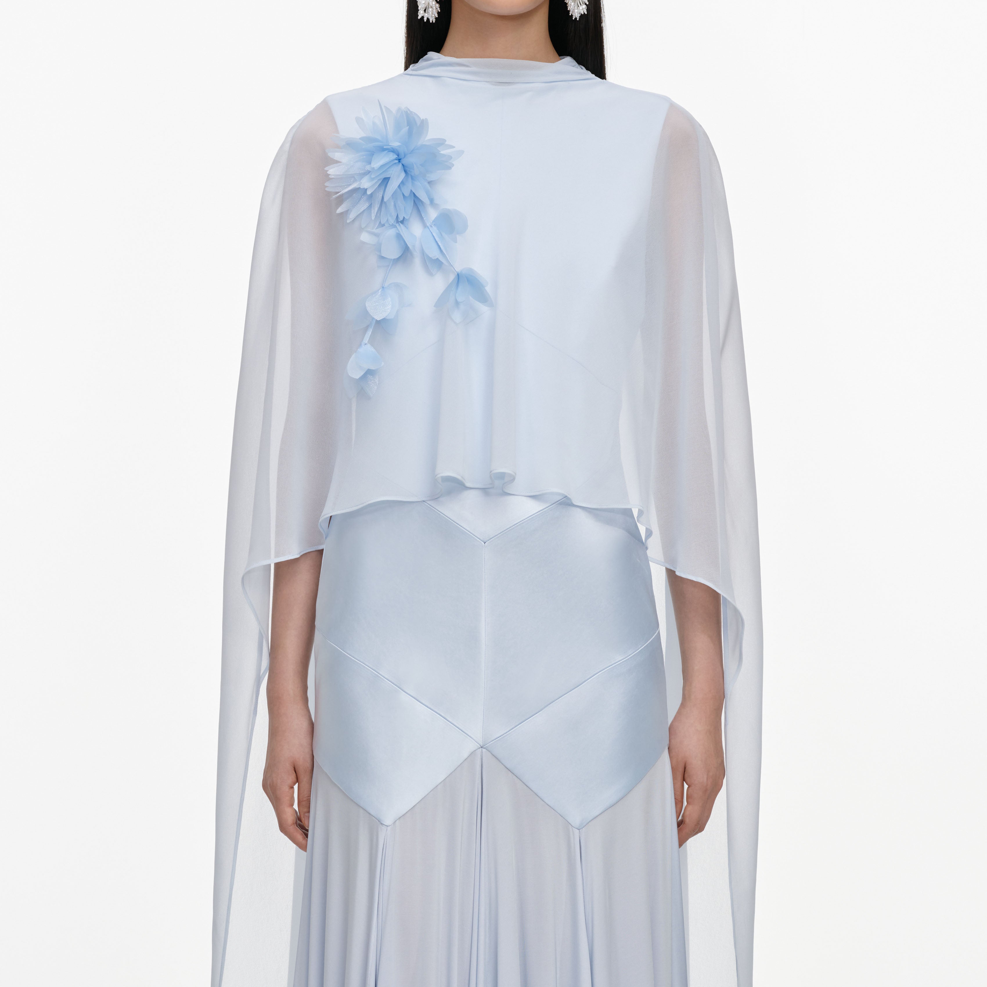 Blue Satin Jersey Cape Maxi Dress