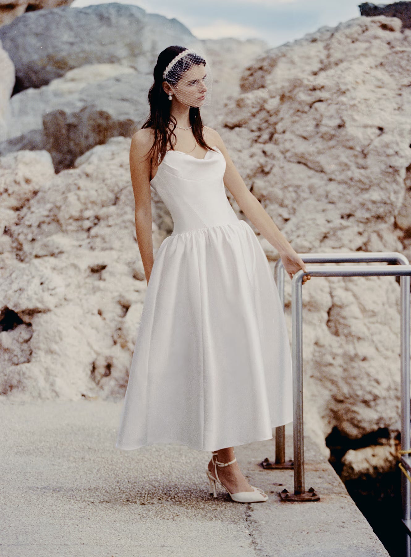 White Taffeta Strapless Midi Dress