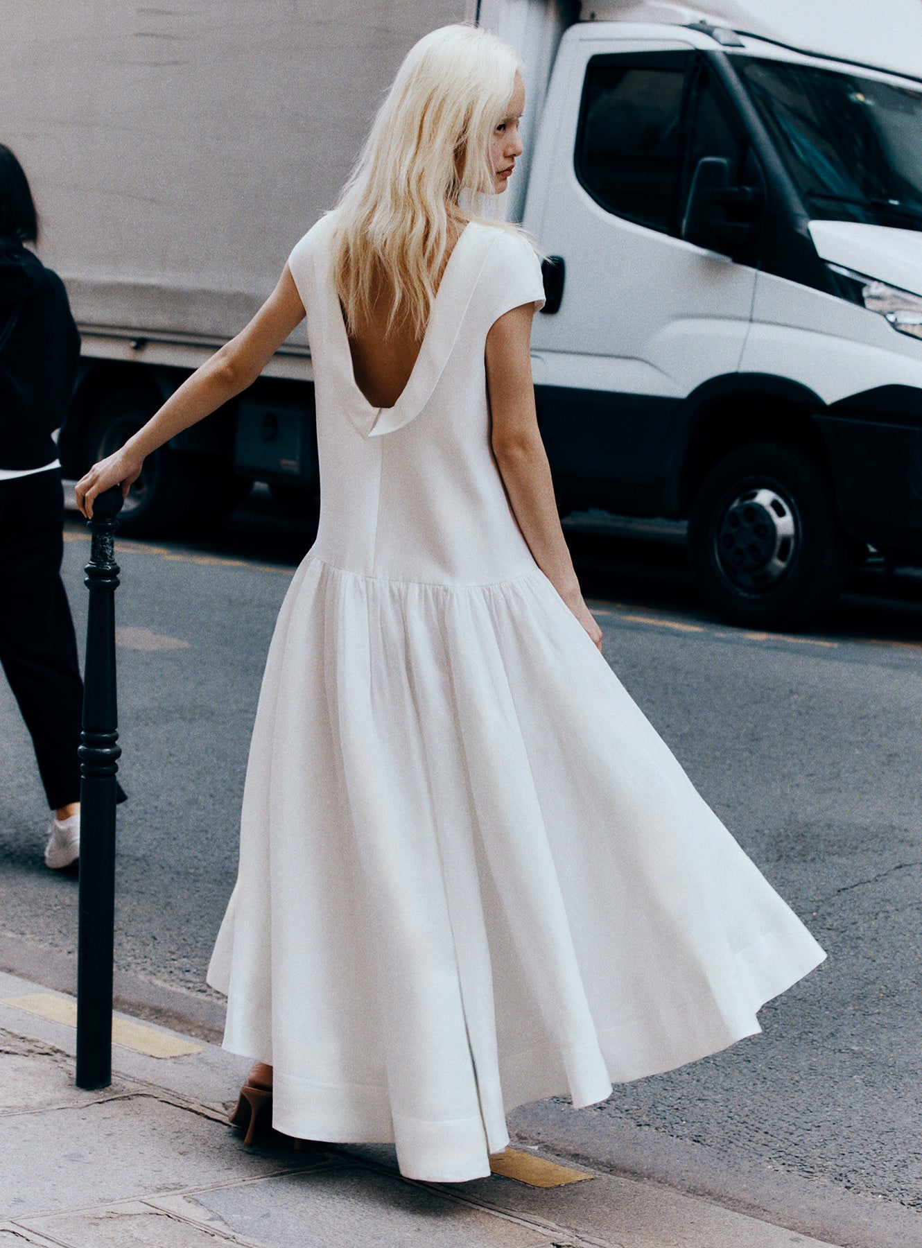 White Satin Ramie Midi Dress