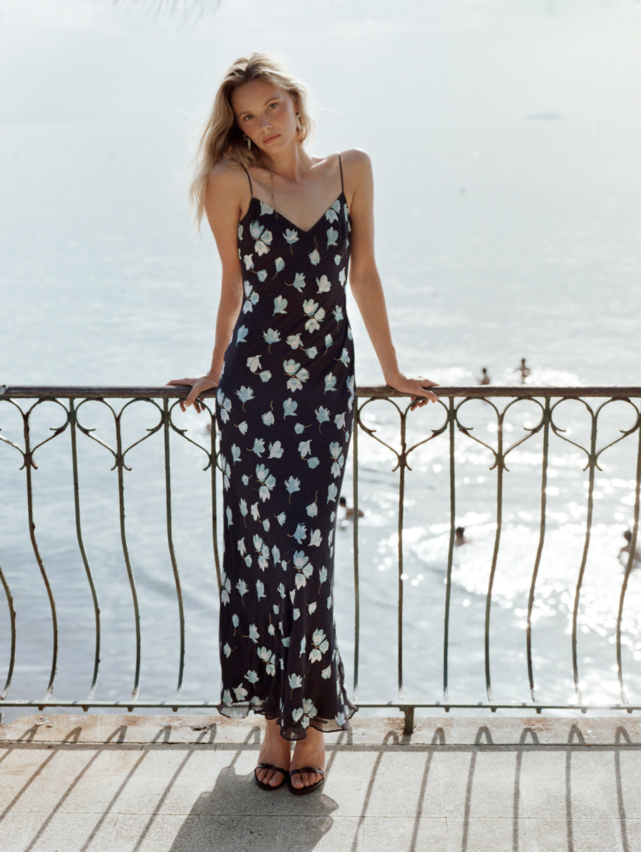 Navy Floral Rhinestone Midi Dress