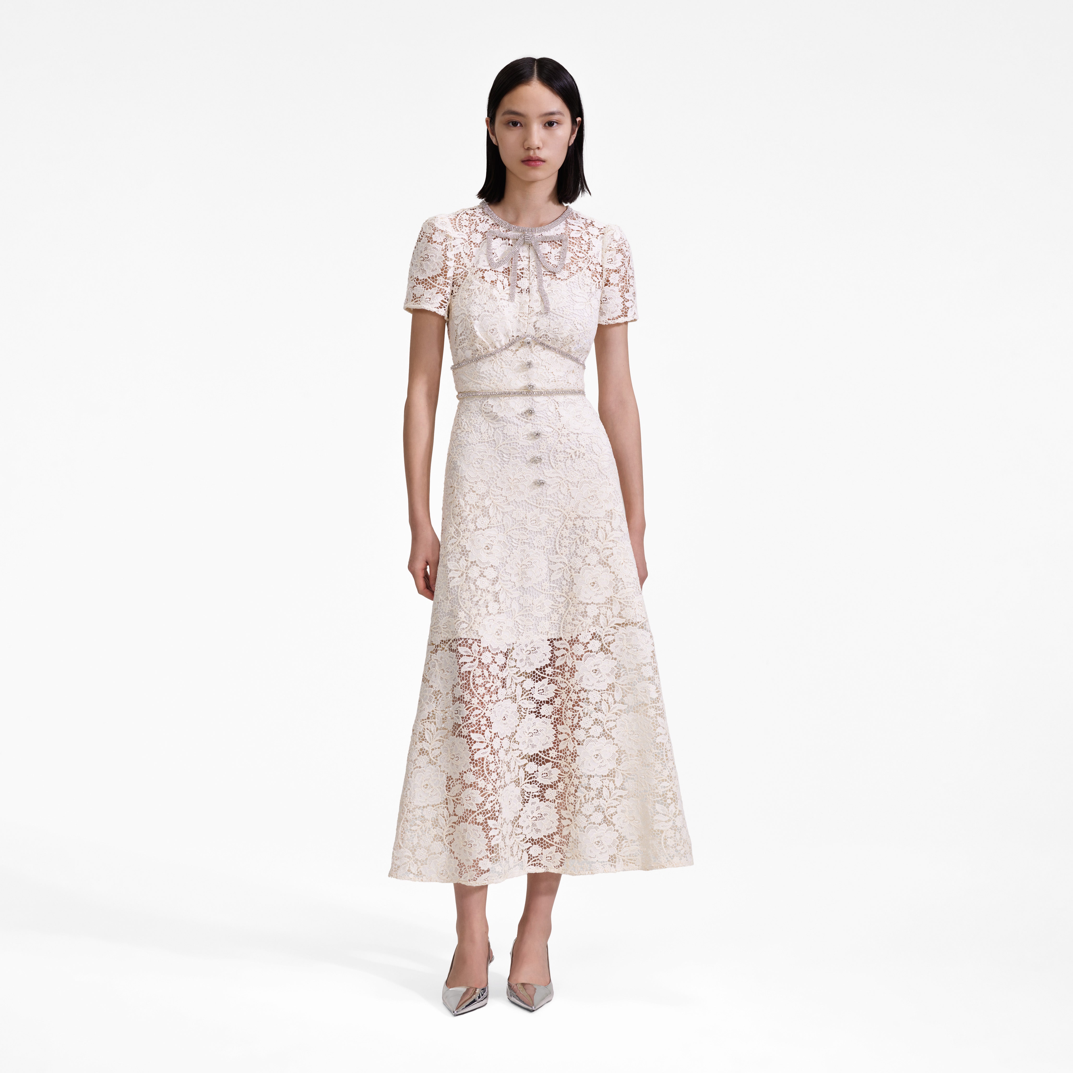 Cream Cord Lace Bow Midi Dress self-portrait-US Cream Cord Lace Bow Midi Dress self-portrait-US