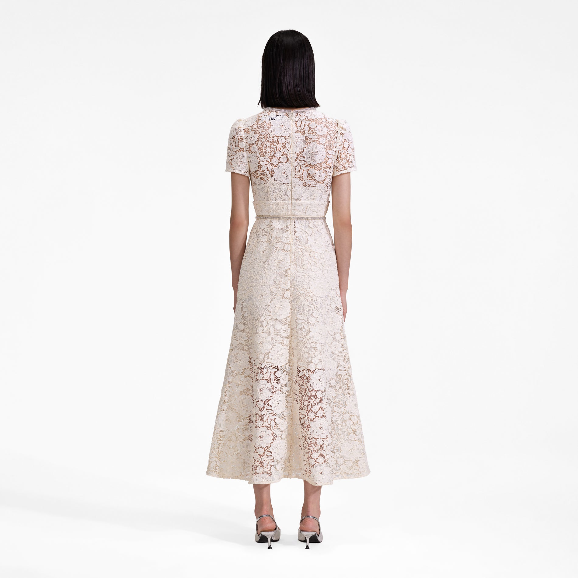 Cream Cord Lace Bow Midi Dress
