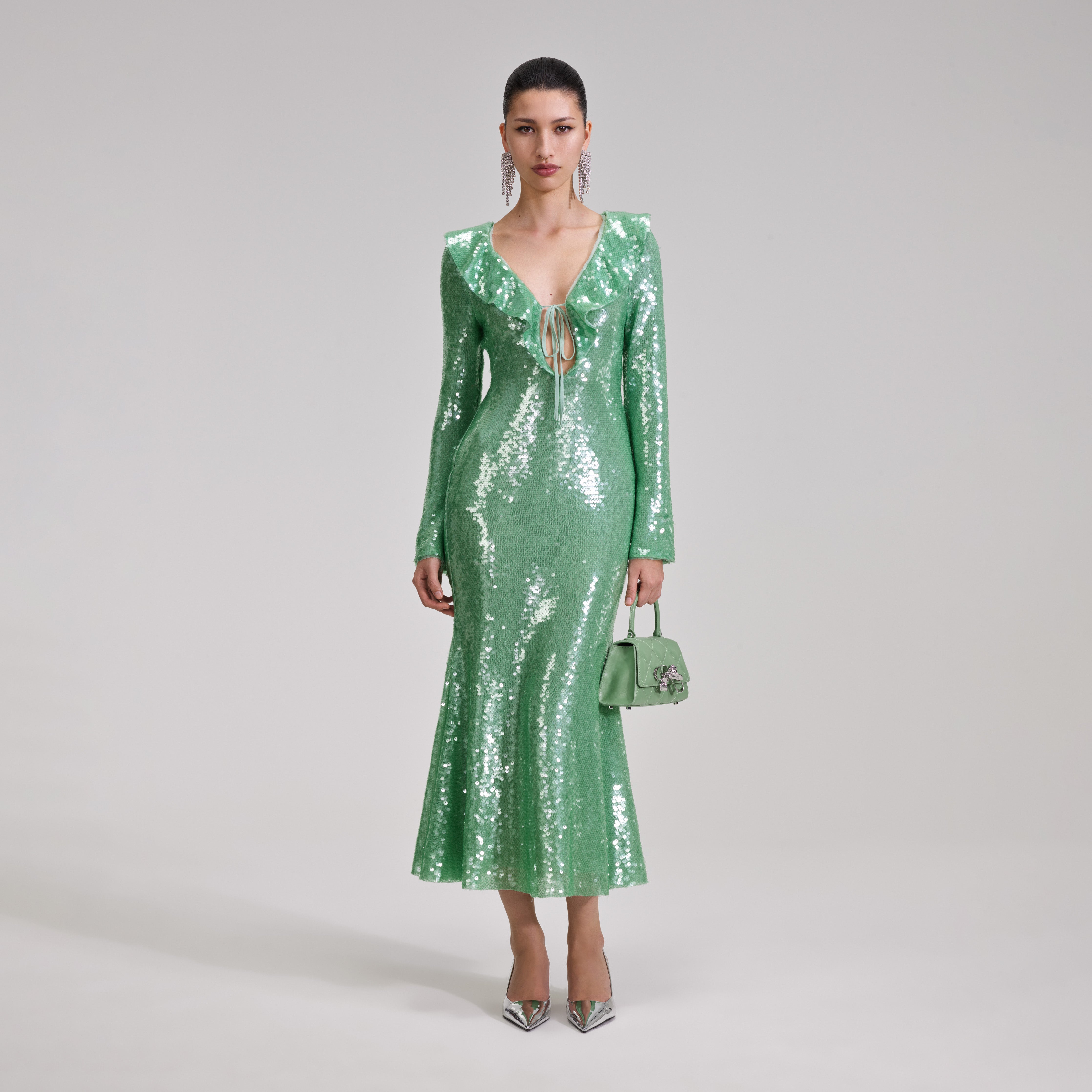 self portrait green sequin dress Stretch Sequin Midi Dress Dark Green