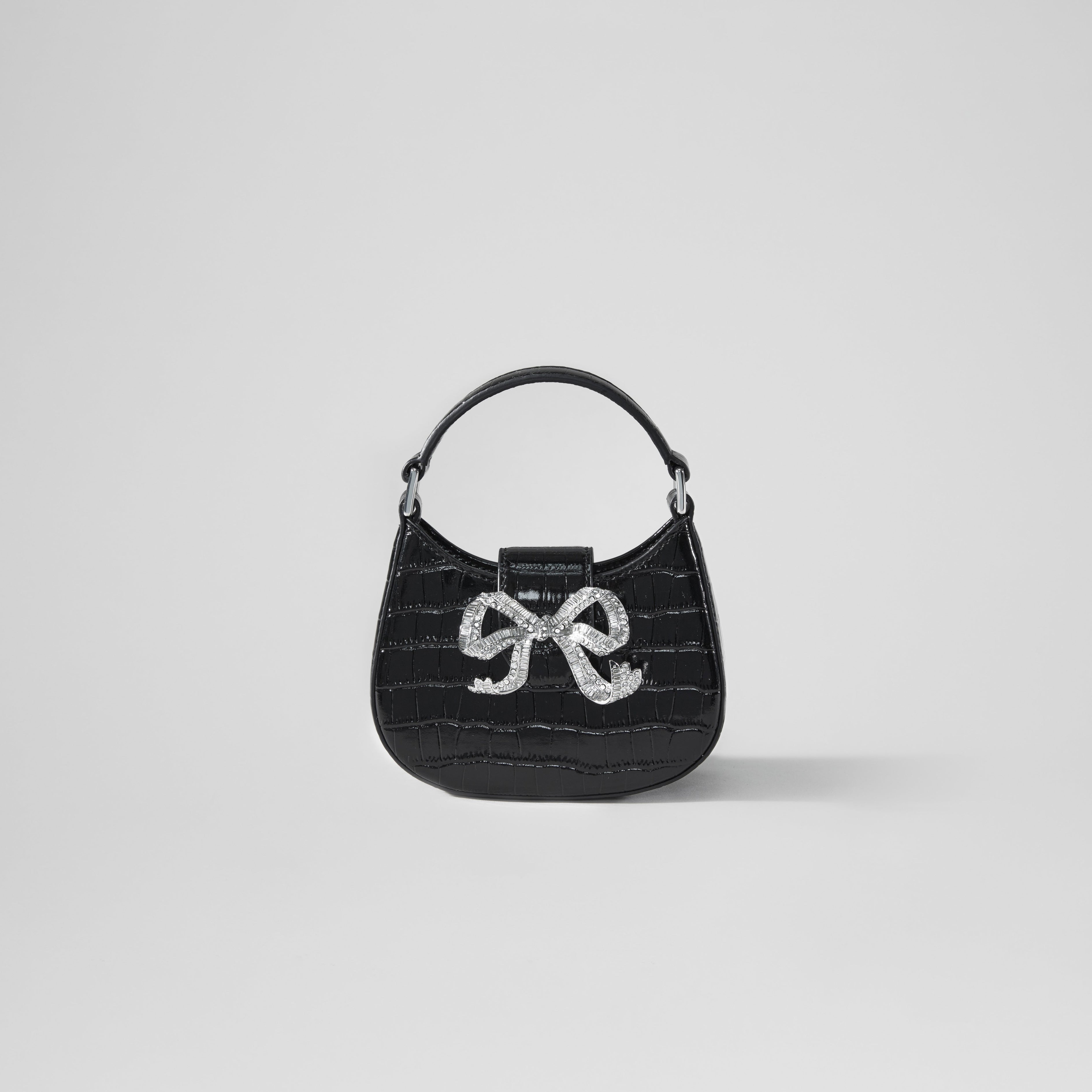 Black Croc Crescent Bow Micro Bag