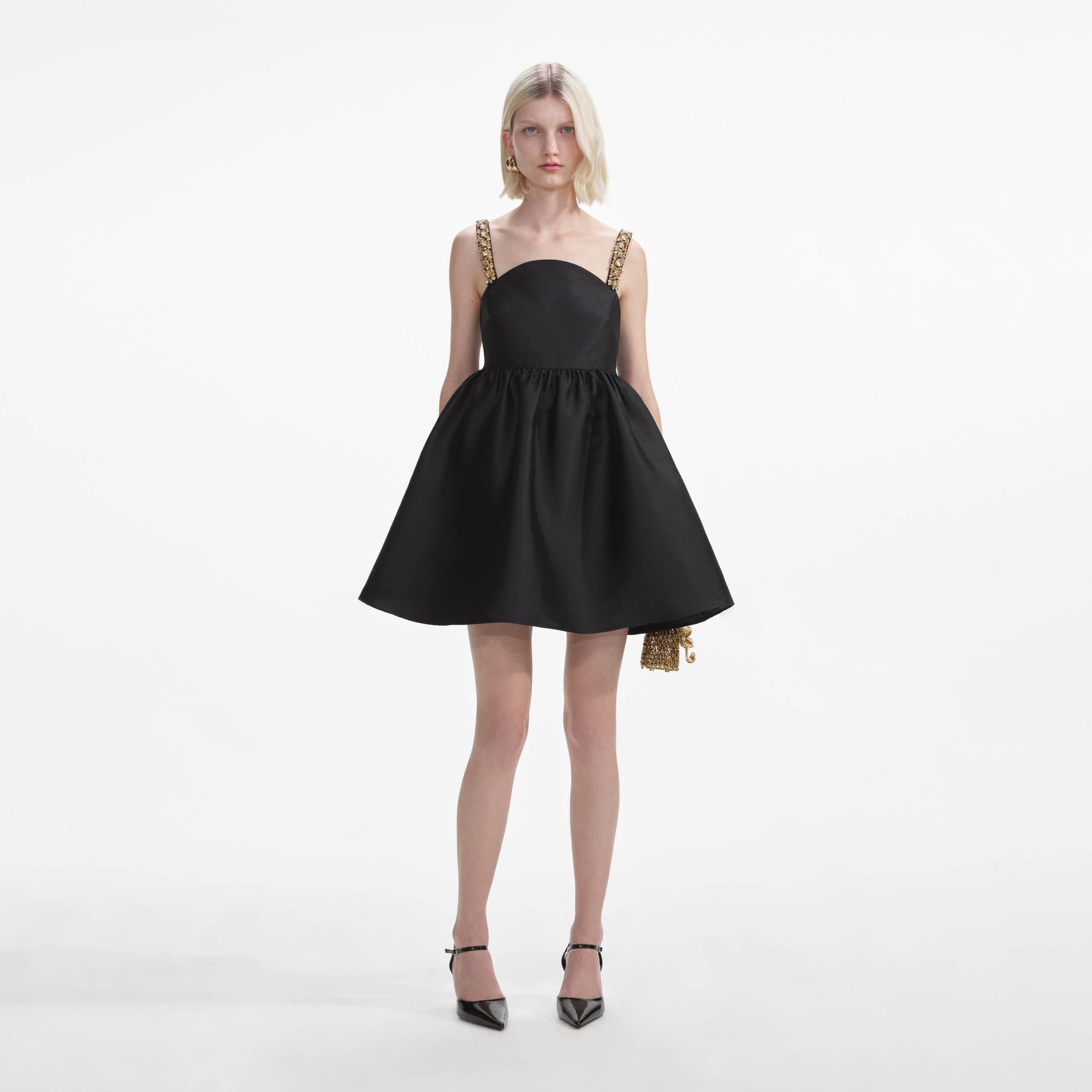 Front view of a woman wearing the Black Taffeta Embellished Mini Dress