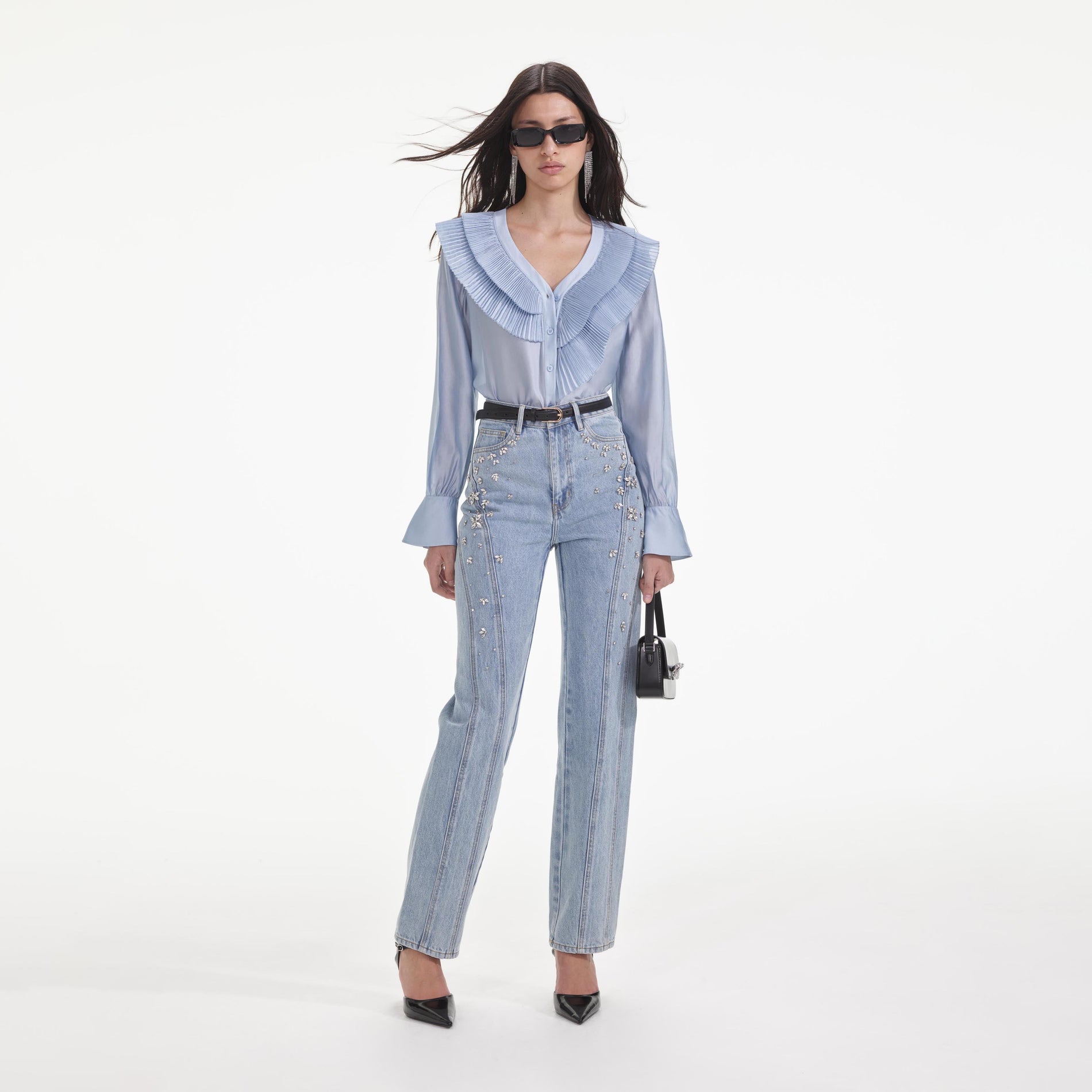 Front view of a woman wearing the Blue Satin Organza Blouse