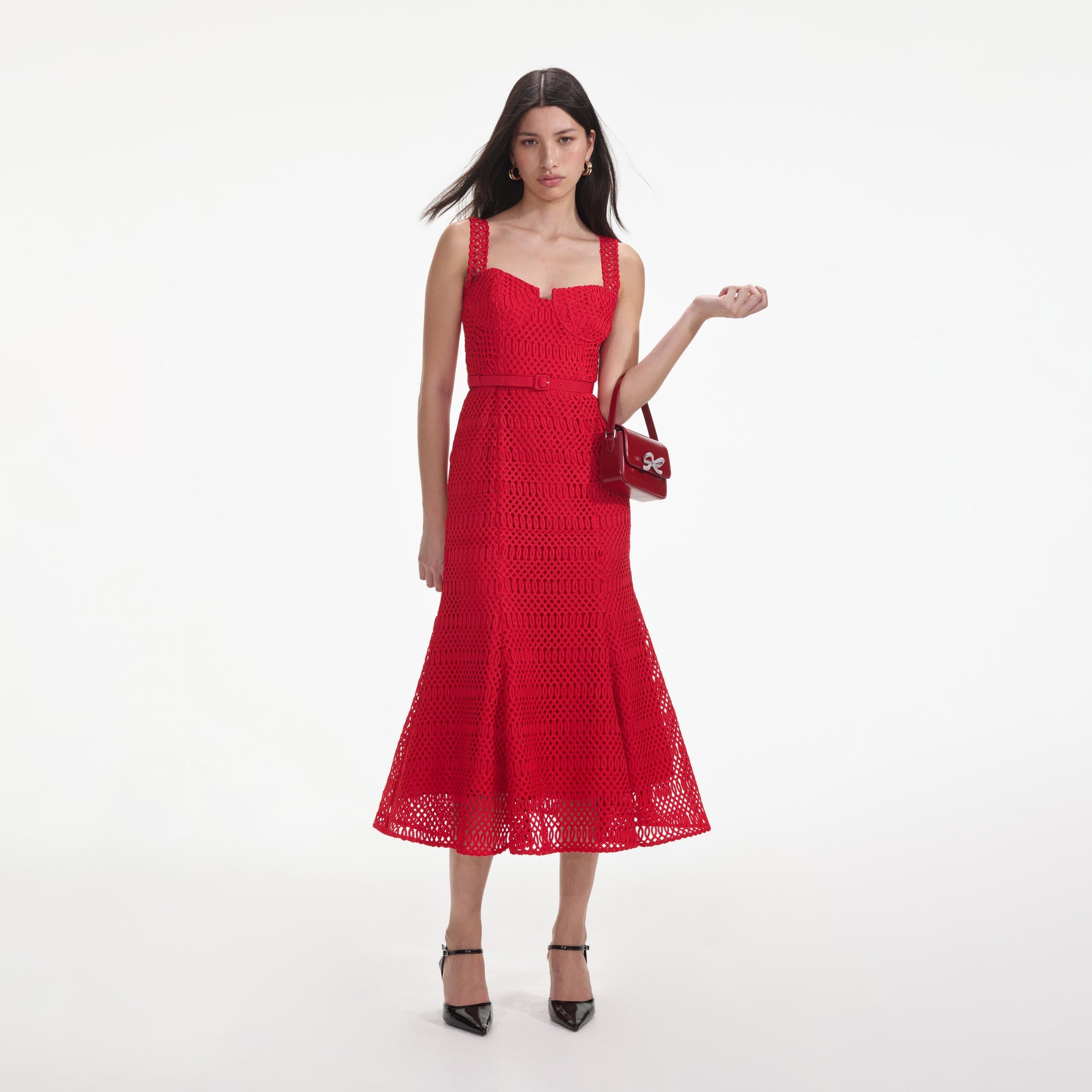 Front view of a woman wearing the Red Lattice Lace Midi Dress