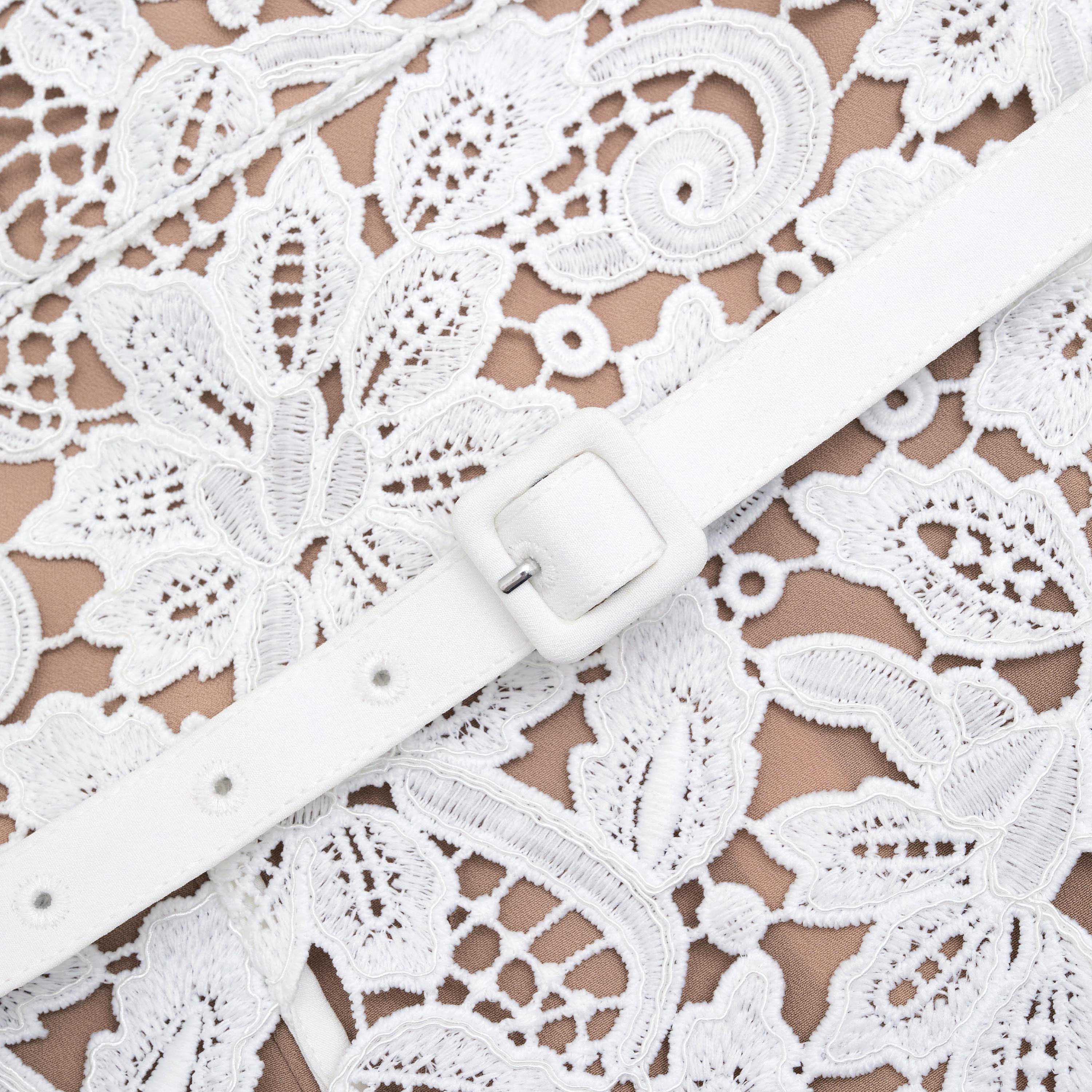 White Floral Lace Belted Mini Dress