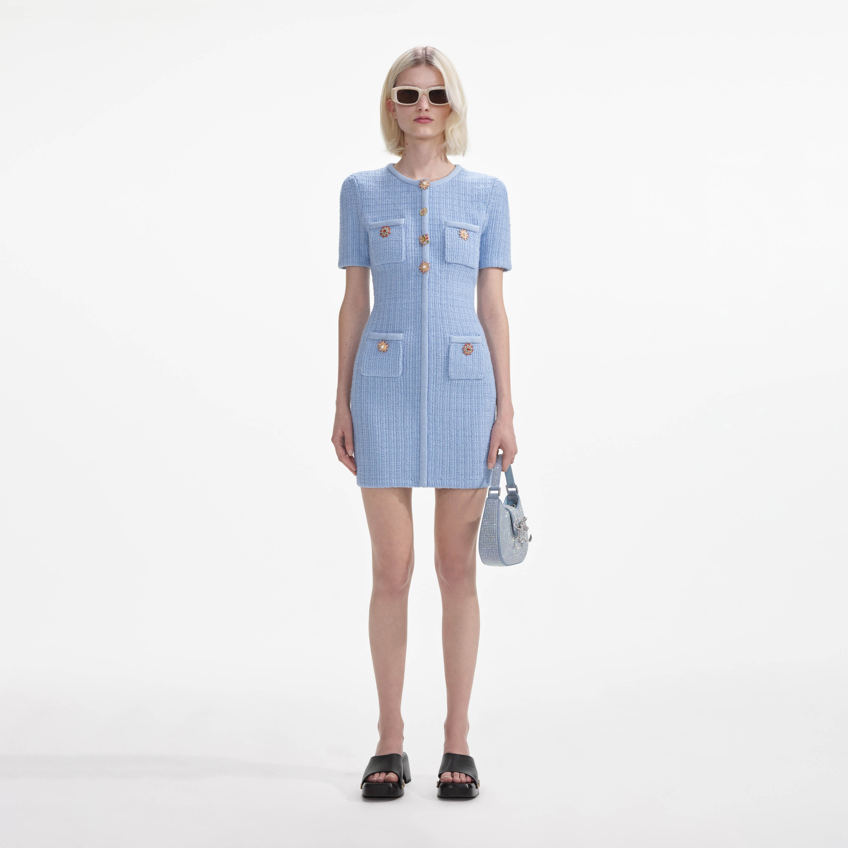 Blue Jewel Button Knit Mini Dress self-portrait-US Blue Jewel Button Knit Mini Dress self-portrait-US
