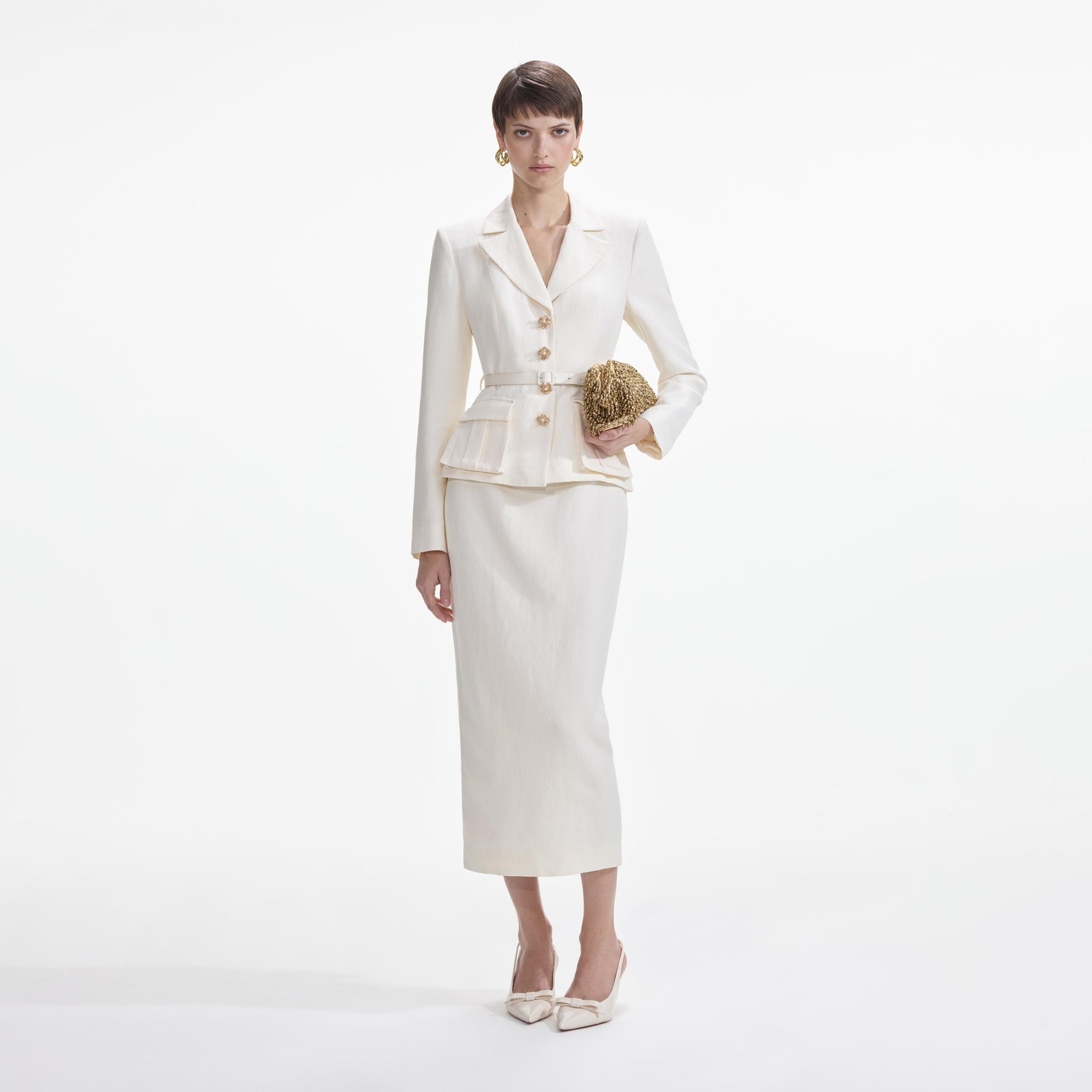 Front view of a woman wearing the Cream Linen Tailored Midi Dress