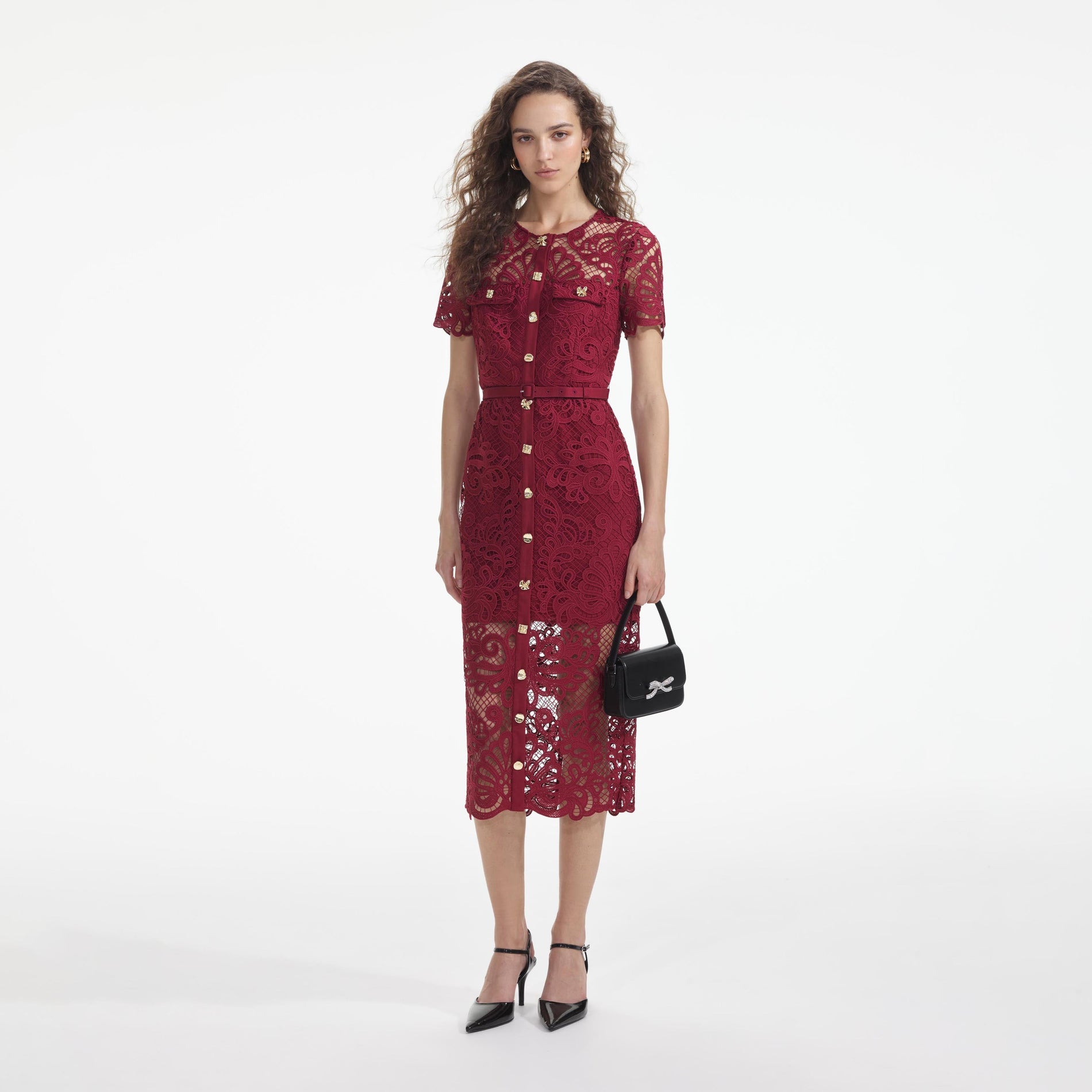 Front view of a woman wearing the Red Guipure Lace Button Midi Dress