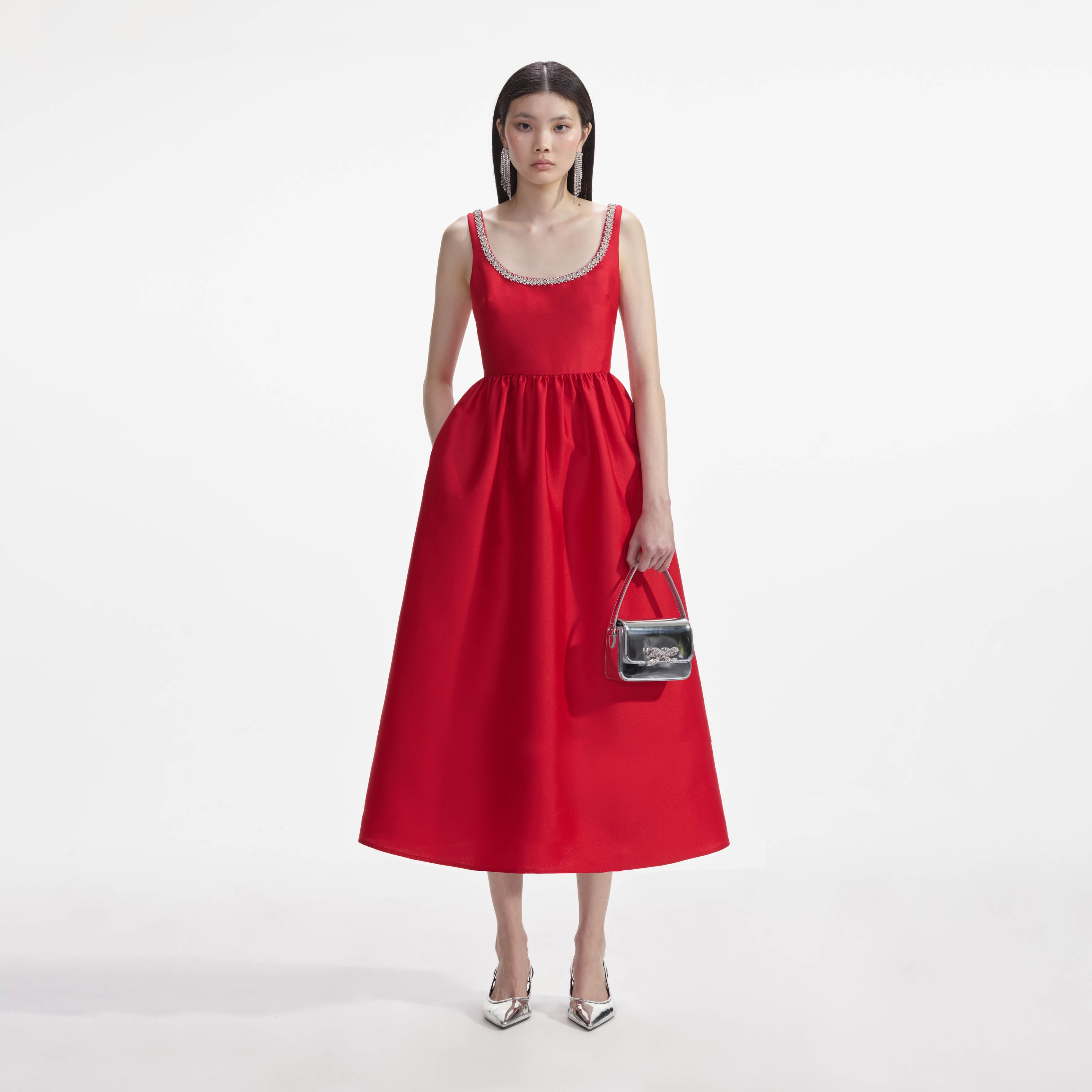 diamante midi dress self-portrait - Red Taffeta Diamante Midi Dress