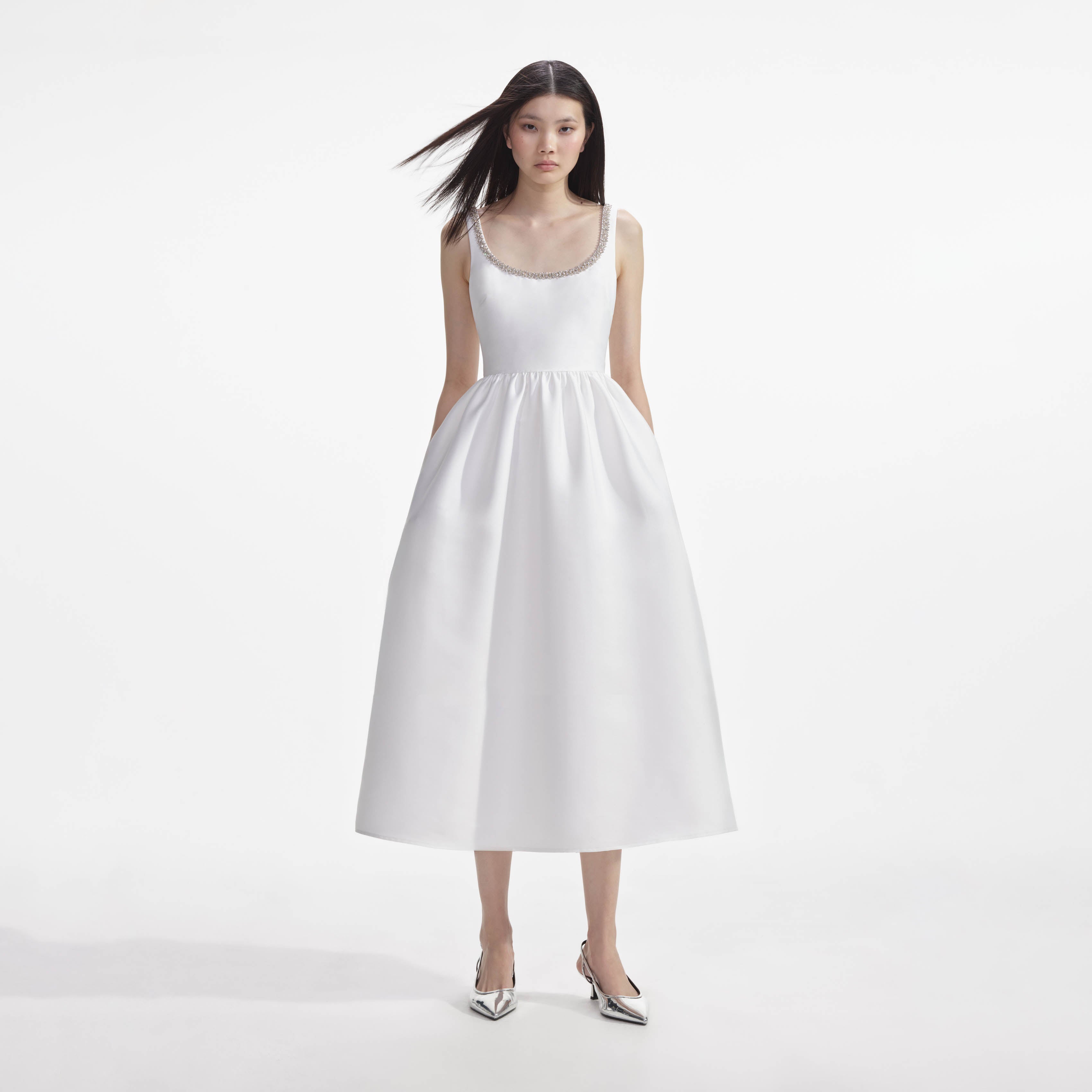 White Taffeta Diamante Midi Dress – self-portrait-US White Taffeta Diamante Midi Dress – self-portrait-US