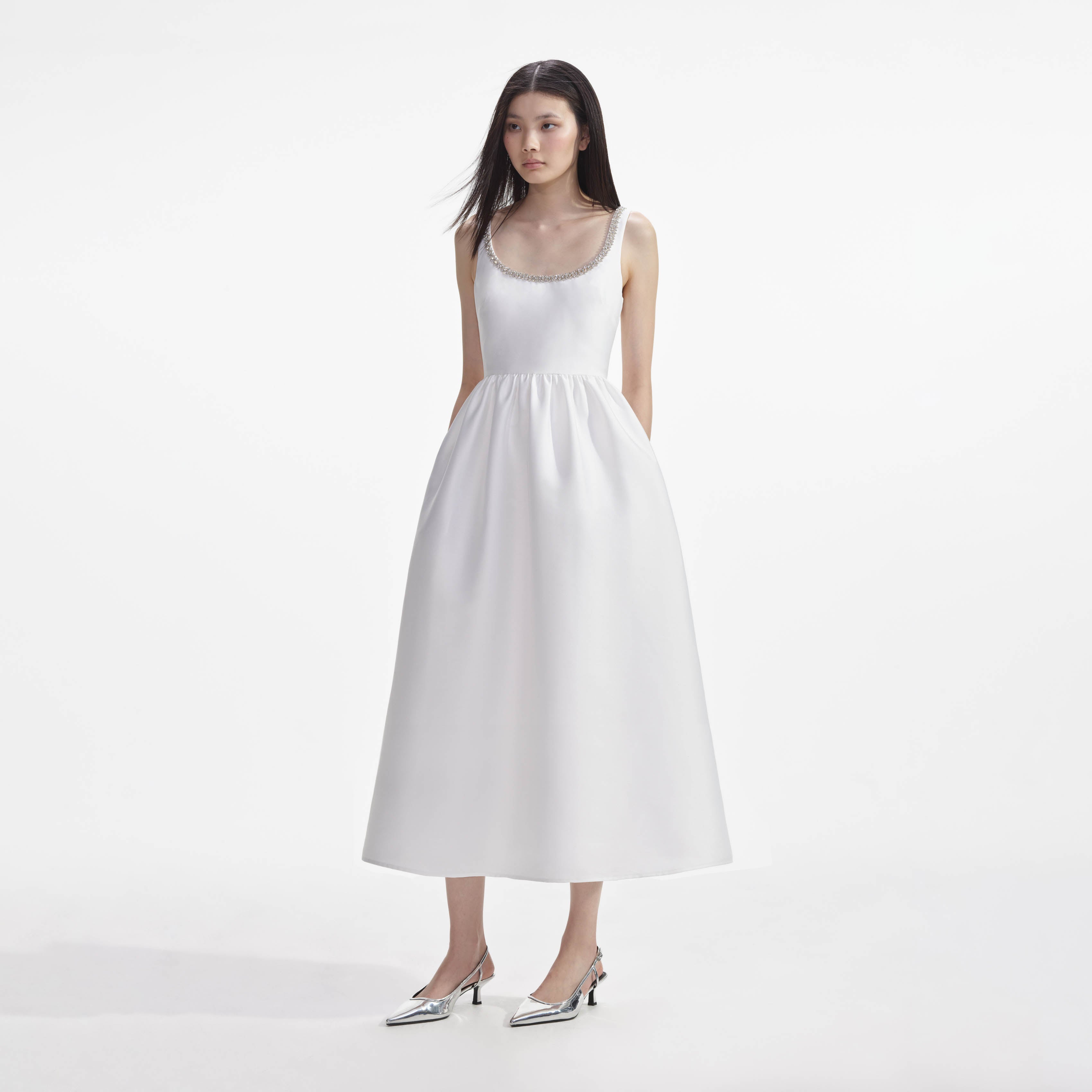 White Taffeta Diamante Midi Dress