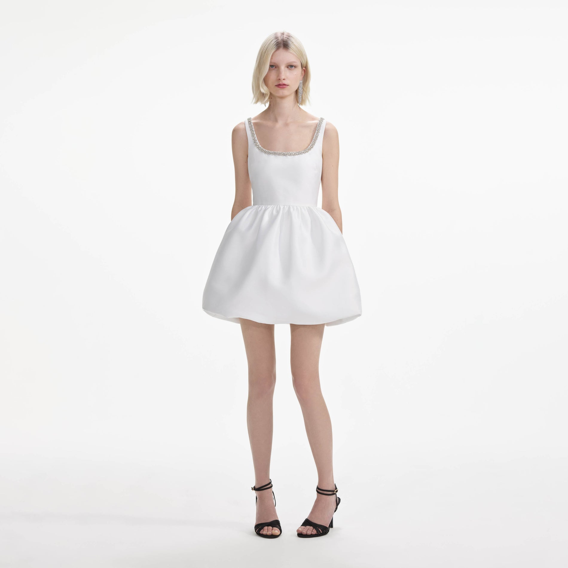 Front view of a woman wearing the White Taffeta Diamante Mini Dress
