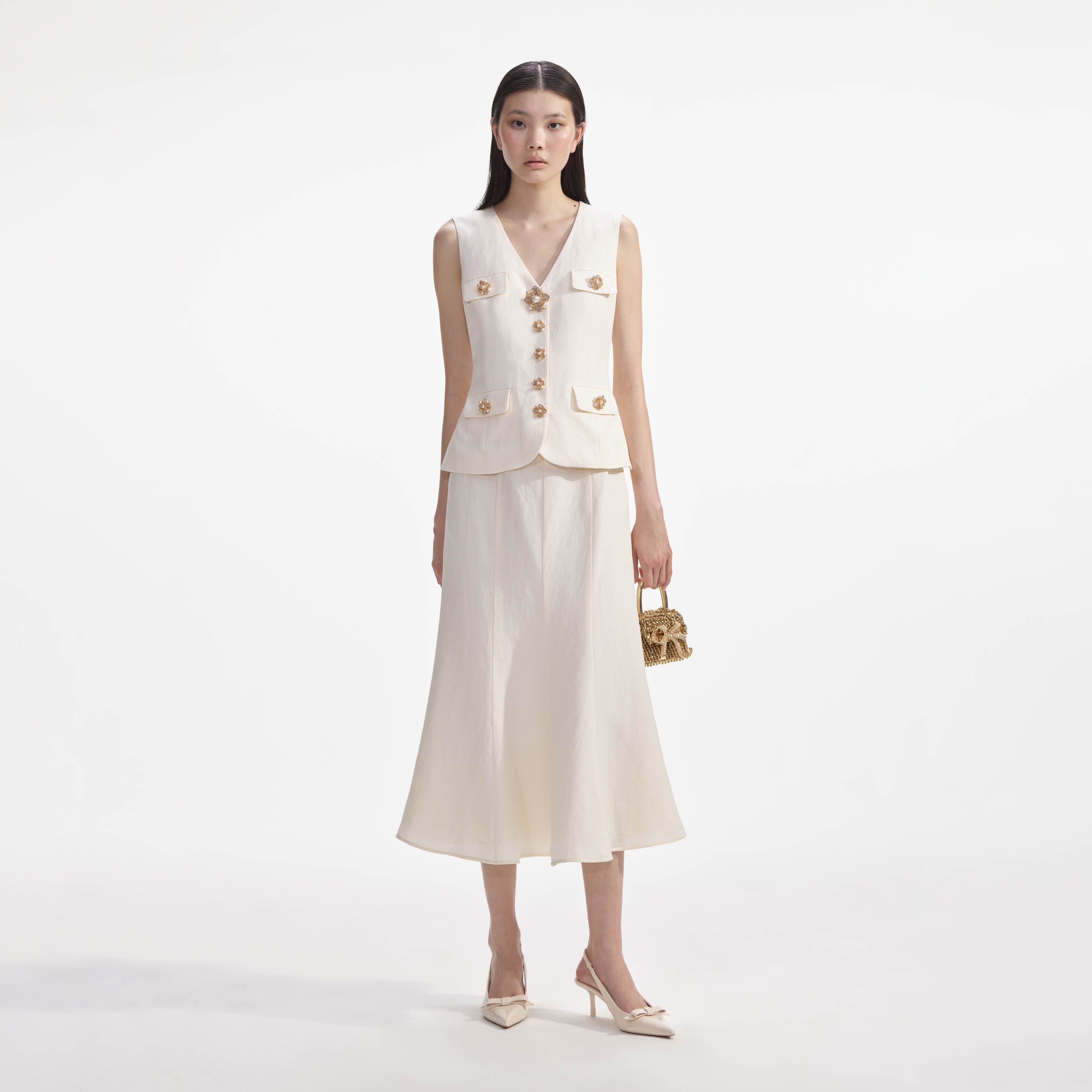 linen cream dress self-portrait - Cream Linen Midi Dress