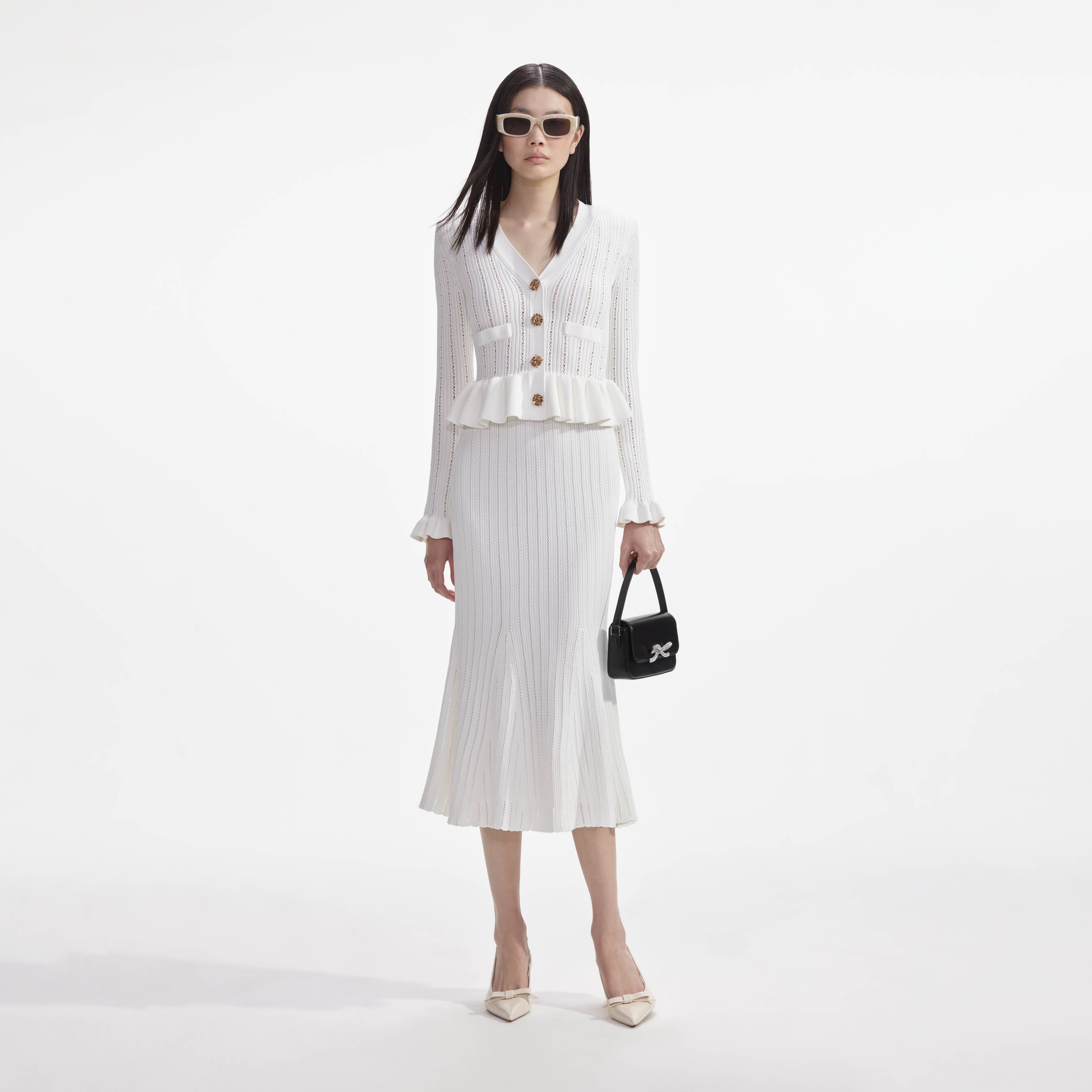 self-portrait - White Knit Peplum Midi Dress - XS self-portrait - White Knit Peplum Midi Dress - XS