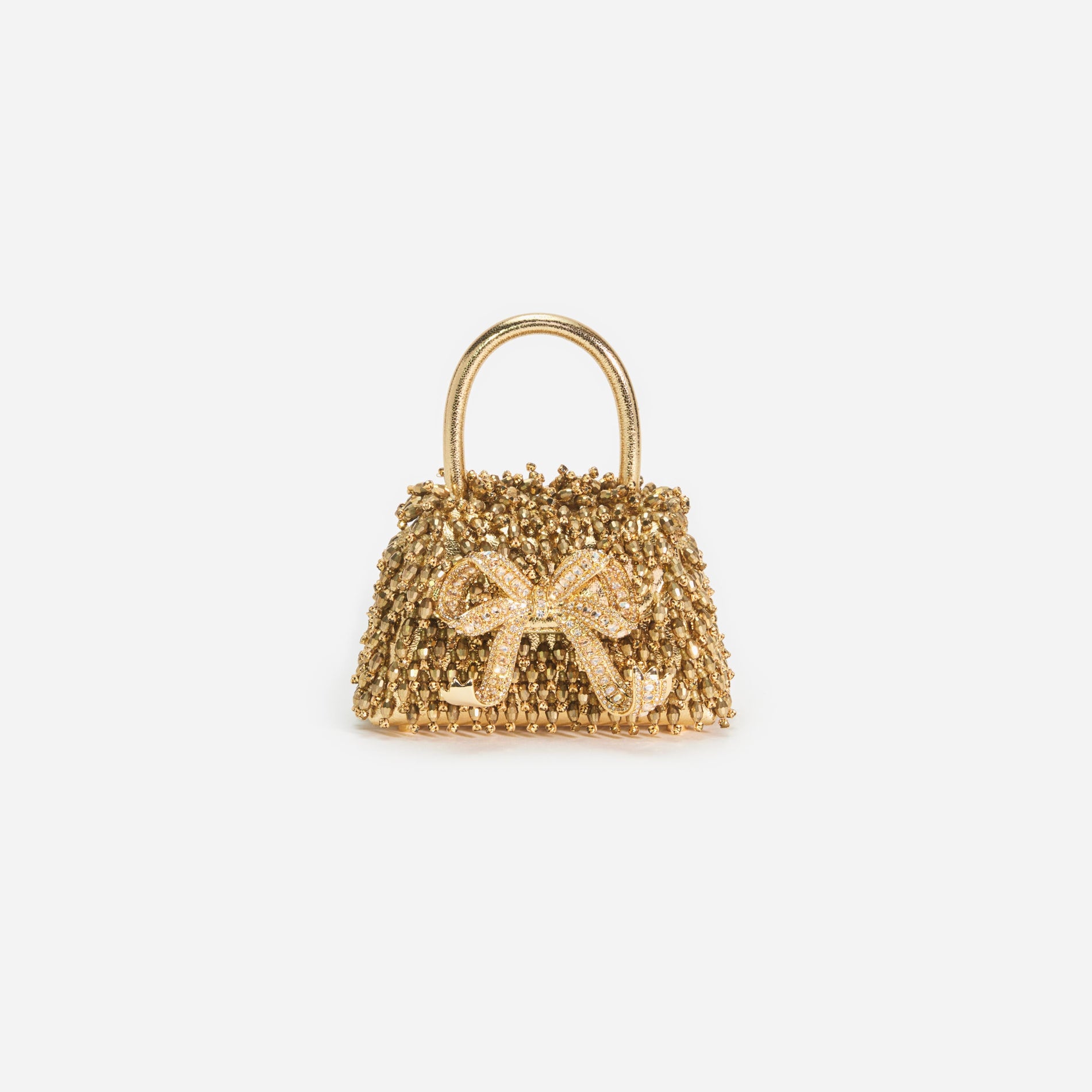 Front view of a woman wearing the Gold Crystal Embroidery Micro Bag