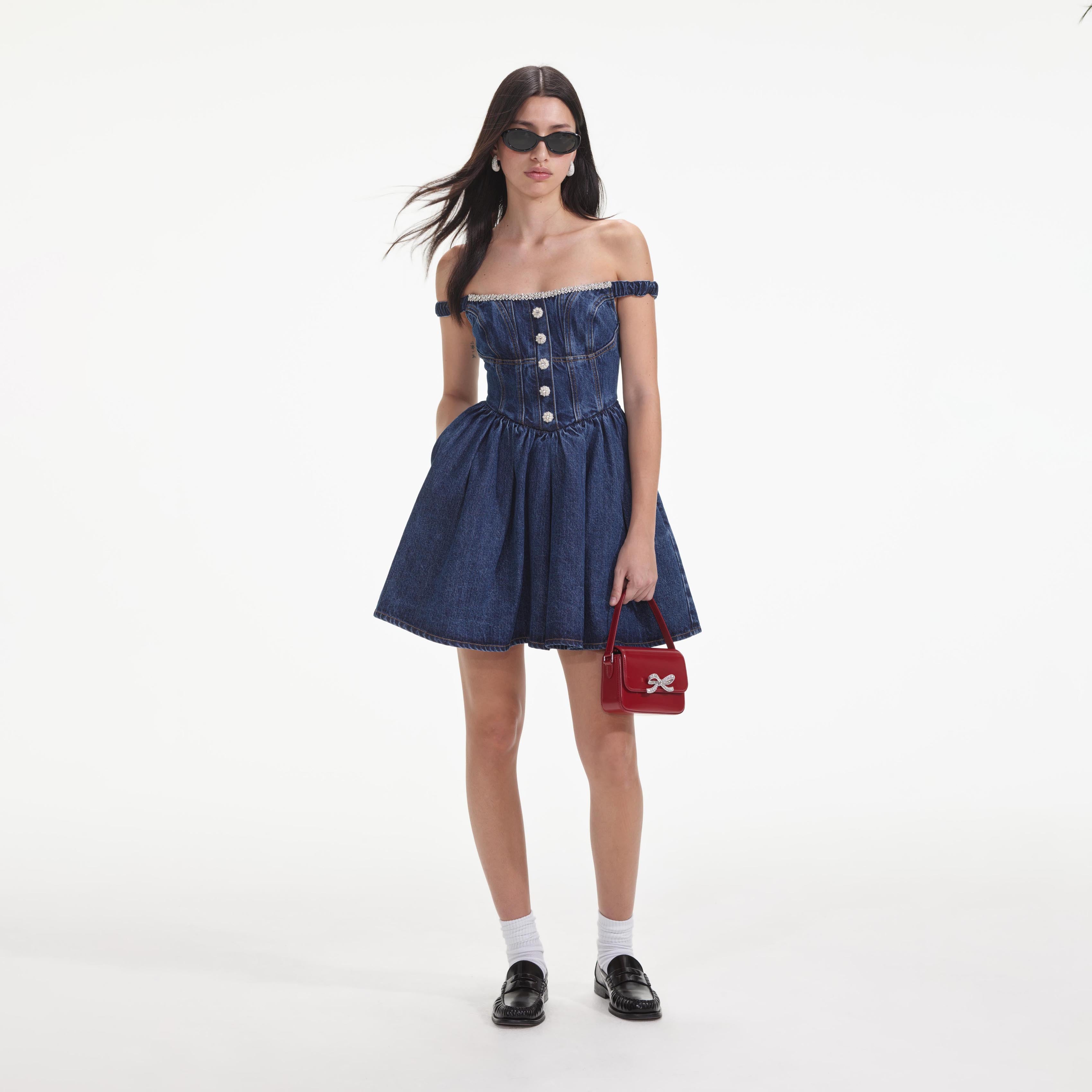 Denim Off Shoulder Mini Dress self portrait US