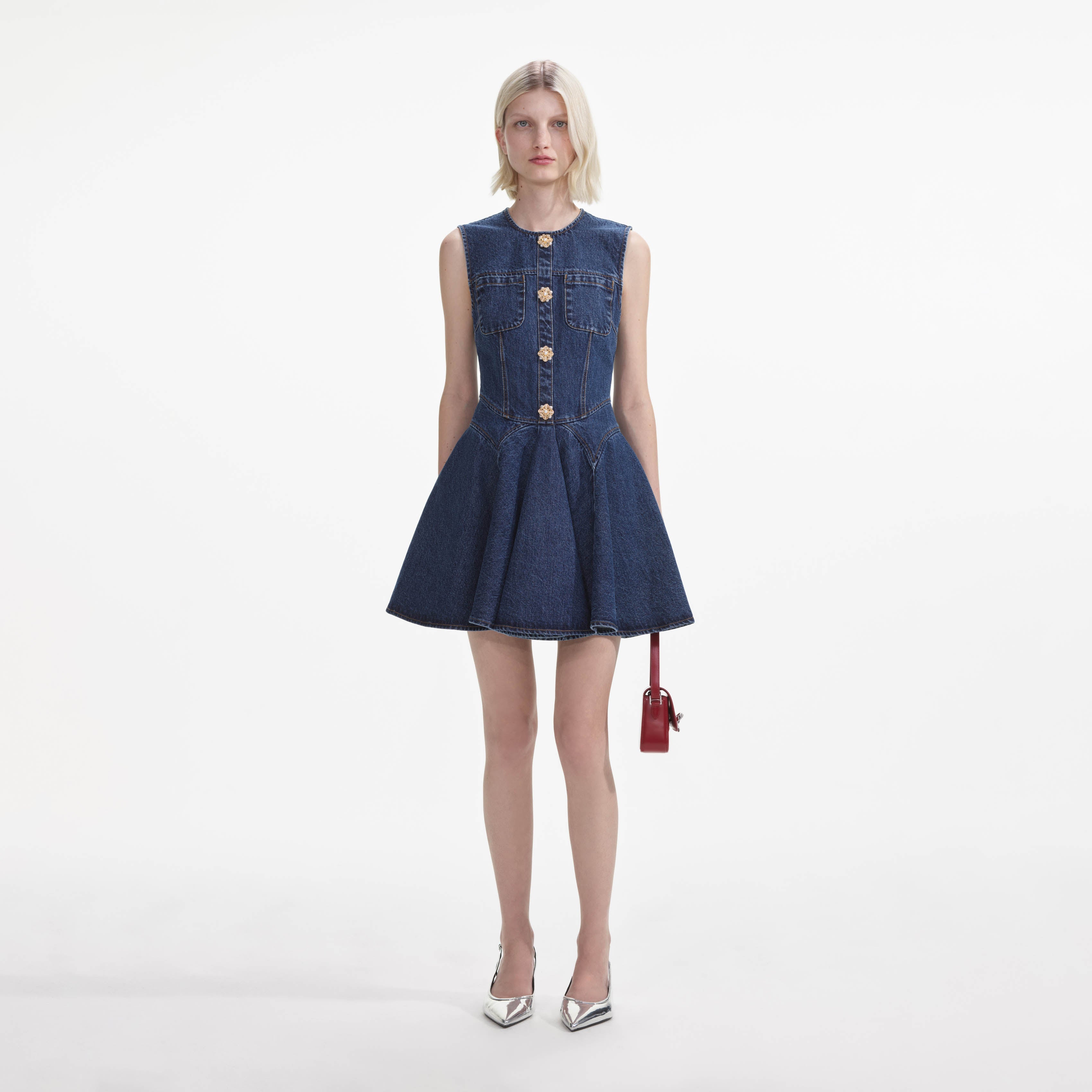 self-portrait - Denim Skater Mini Dress self-portrait - Denim Skater Mini Dress