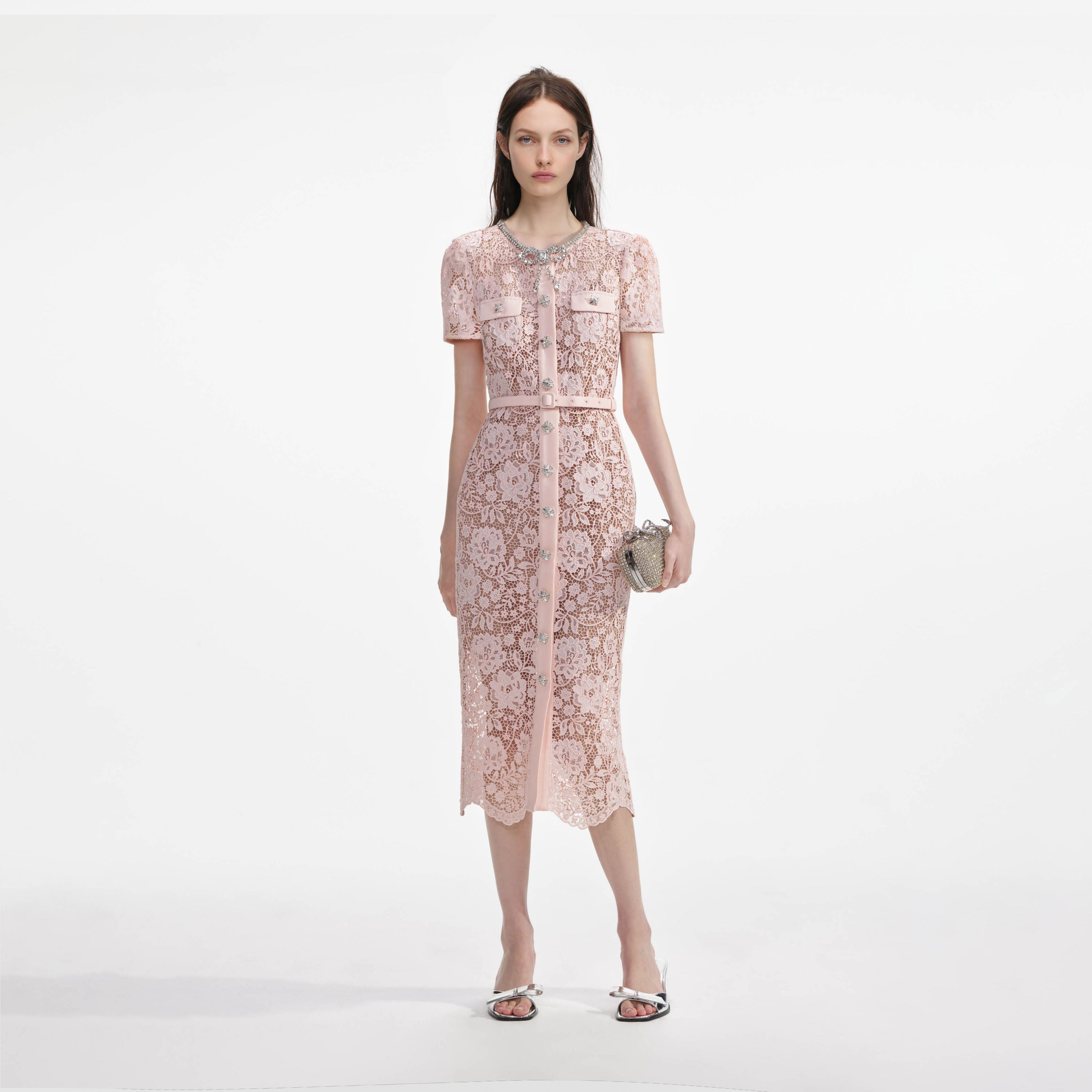 Self-portrait - Pink Lace Diamante Bow Midi Dress - US 6 Self-portrait - Pink Lace Diamante Bow Midi Dress - US 6