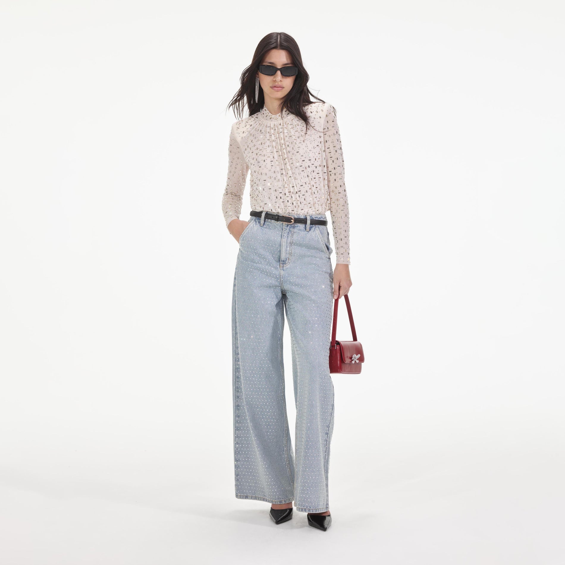 Front view of a woman wearing the Champagne Mesh Rhinestone Top