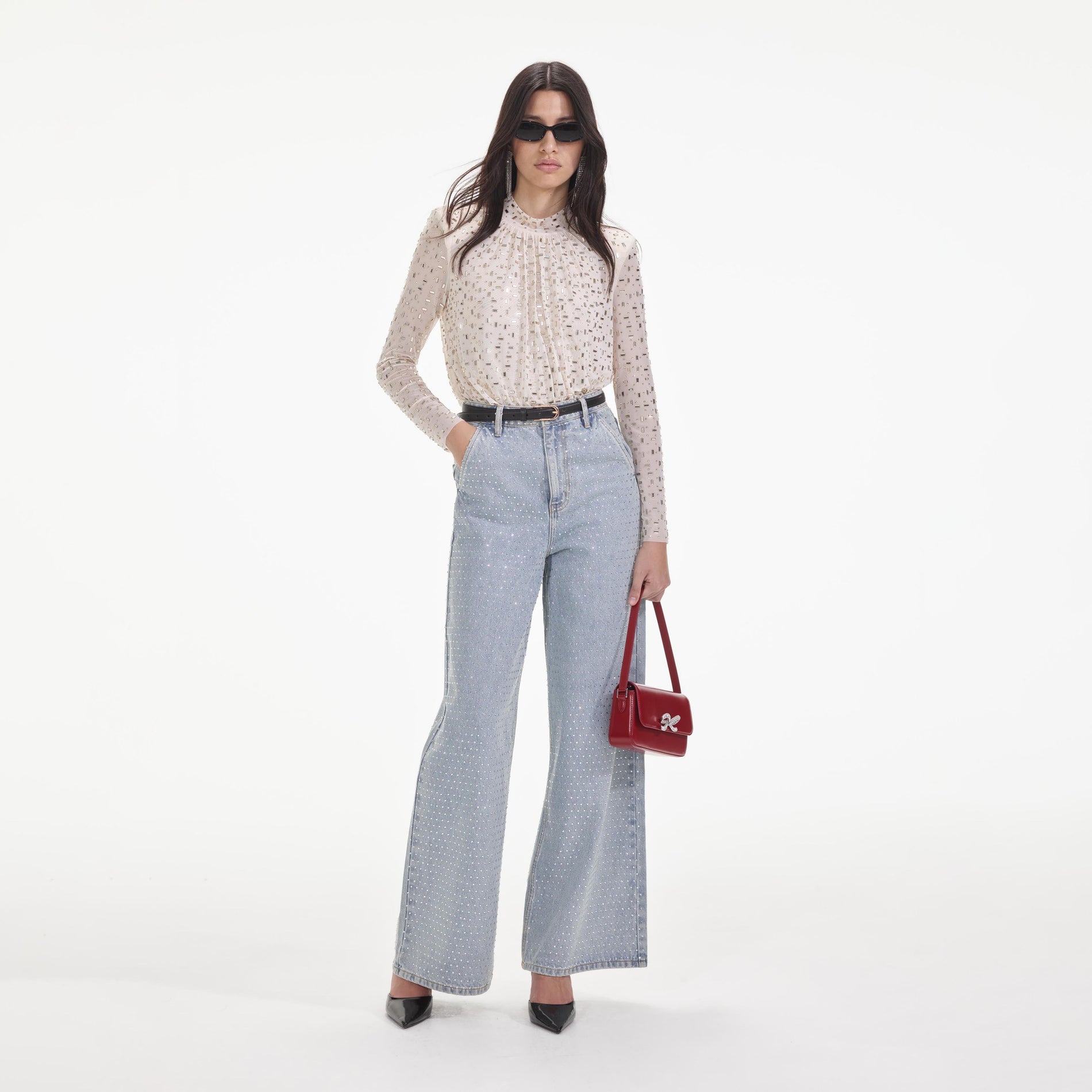 Back view of a woman wearing the Champagne Mesh Rhinestone Top