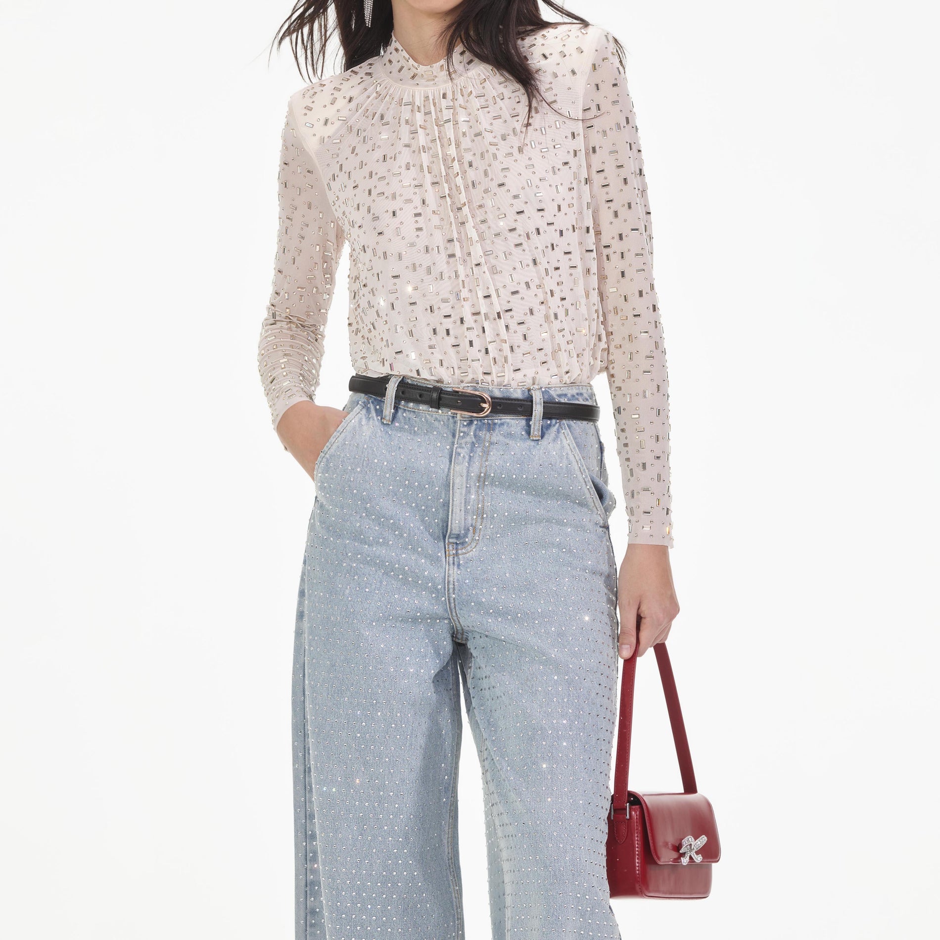 A close up of a woman wearing the Champagne Mesh Rhinestone Top